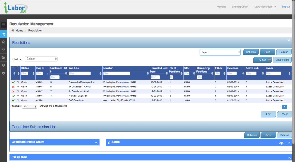 Screen capture of the original table UI.