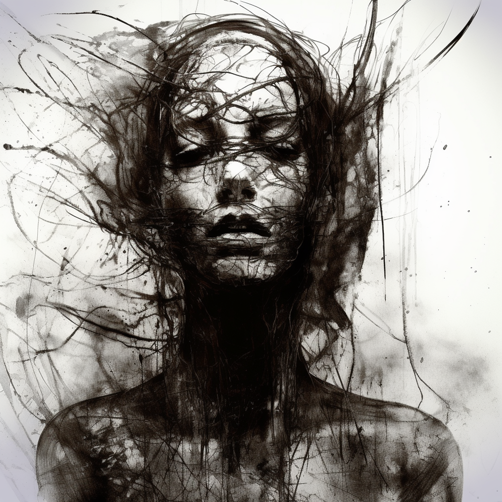 A haunting monochromatic portrait of a figure with eyes closed, appearing tranquil amid chaos. The image is a blend of sharp lines and smudges in black ink, creating a ghostly effect. The subject's face and upper body are depicted with a certain clarity, while the head and shoulders dissipate into a tangle of erratic strokes and splatters that convey a sense of disintegration or release. The ethereal quality of the artwork evokes themes of fragility, introspection, and the ephemeral nature of existence.