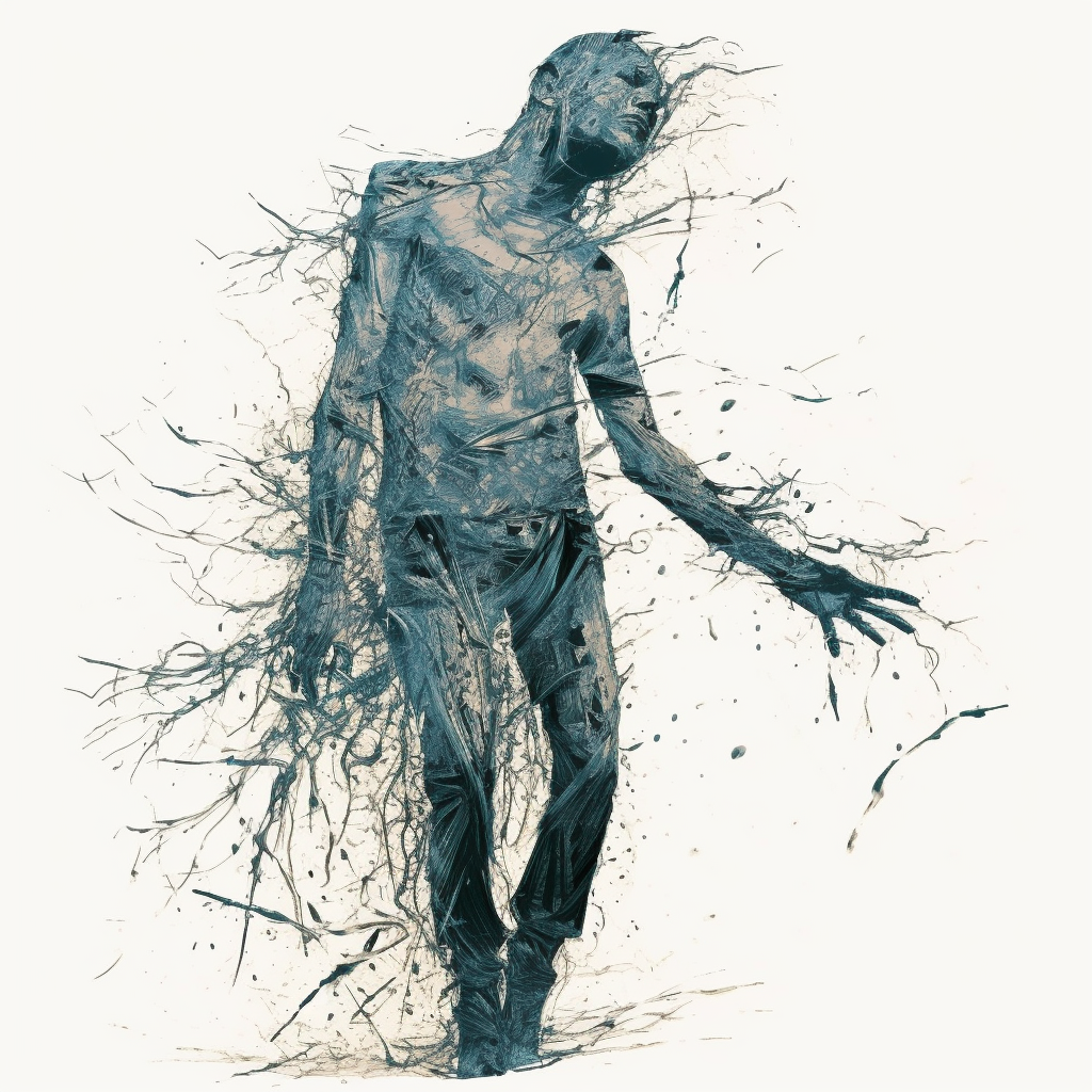 An evocative image of a human figure depicted in shades of blue, as if composed of water or smoke. The figure appears to be in a state of dissolution or transformation, with the body and limbs trailing into delicate, branch-like tendrils that dissipate into the white background. The posture is relaxed and slightly bent, suggesting movement or a moment of release. This ethereal figure conveys a sense of impermanence and the fluid nature of identity.