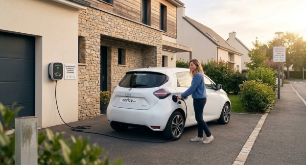 Une femme recharge sa voiture électrique blanche devant sa maison à l'aide d'une borne de recharge murale (wallbox).