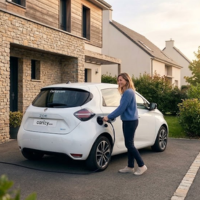 Une femme recharge sa voiture électrique blanche devant sa maison à l'aide d'une borne de recharge murale (wallbox).