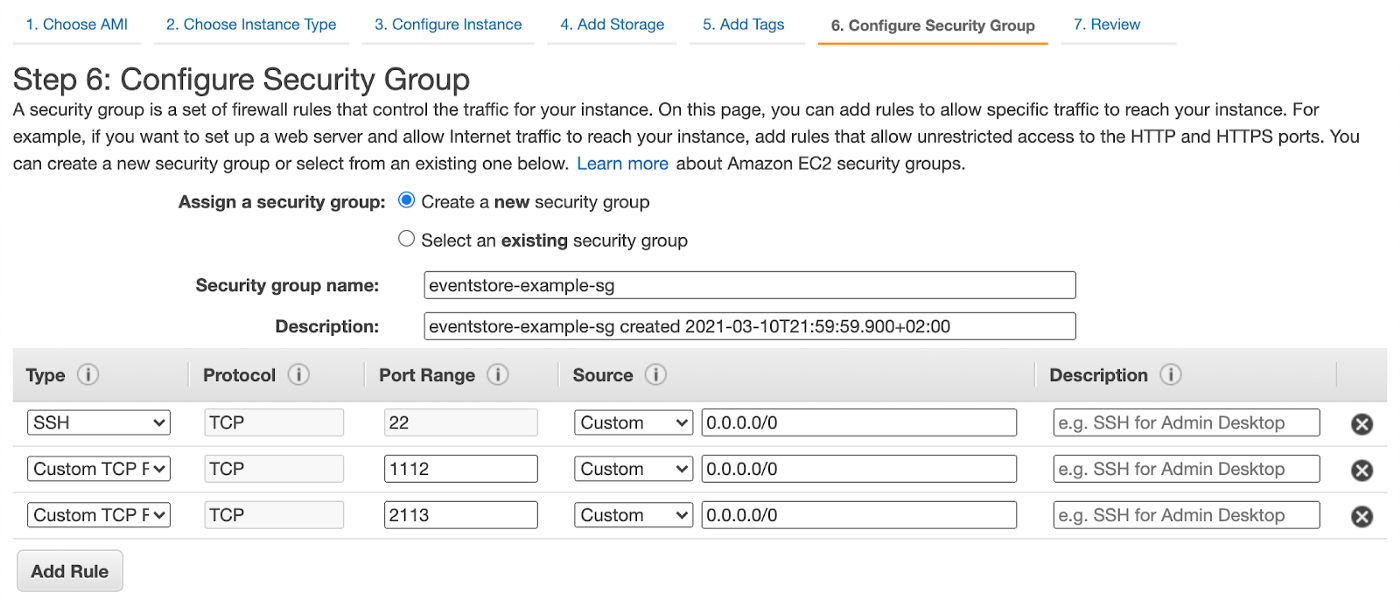 EVentStoreDB Cluster AWS Configure Security Group