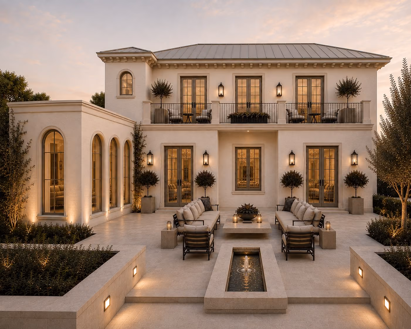 Elegant two-story house with evening lights, patio seating, small fountain, and landscaped greenery.