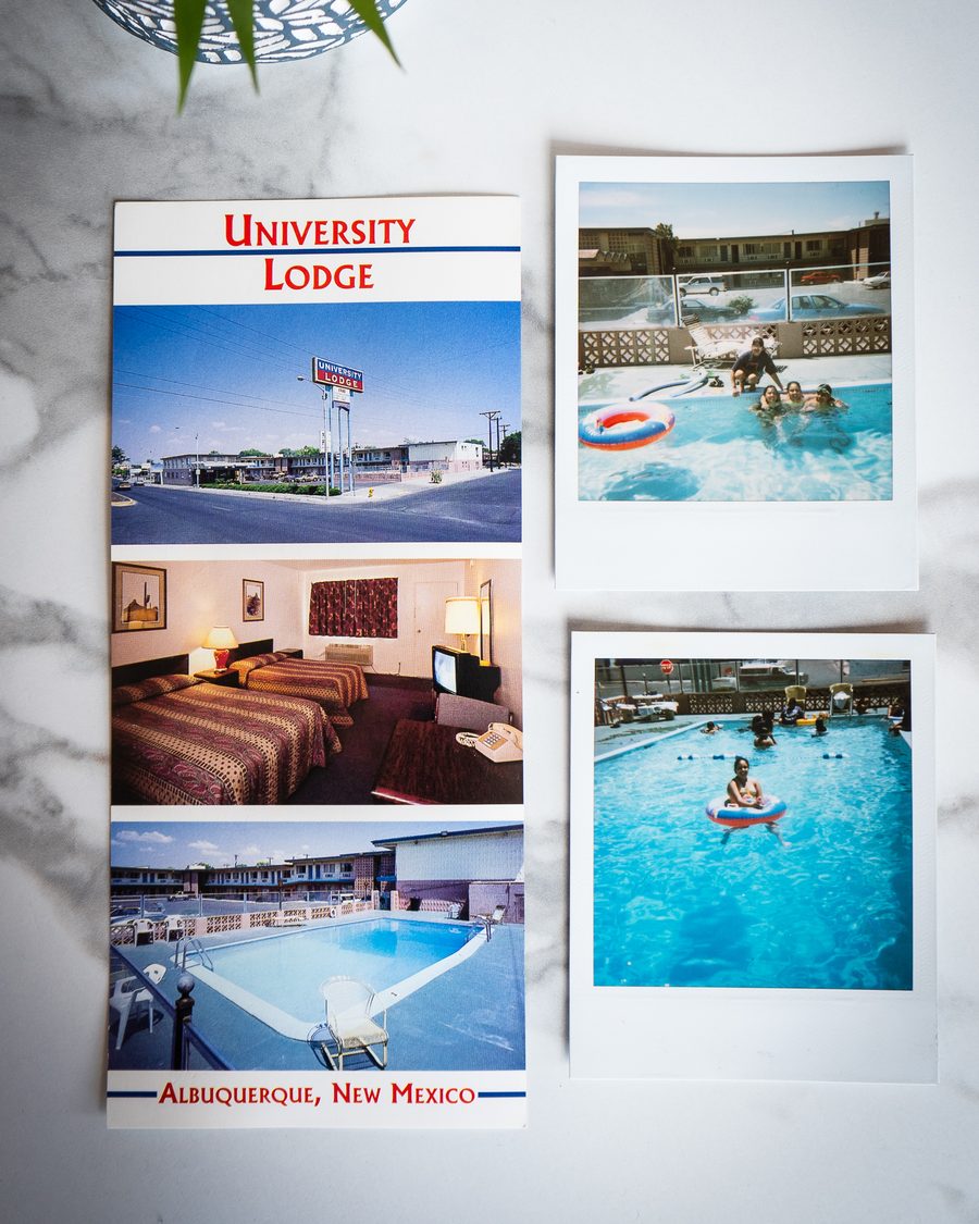 Vintage University Lodge postcard and family poolside polaroids from the motel years