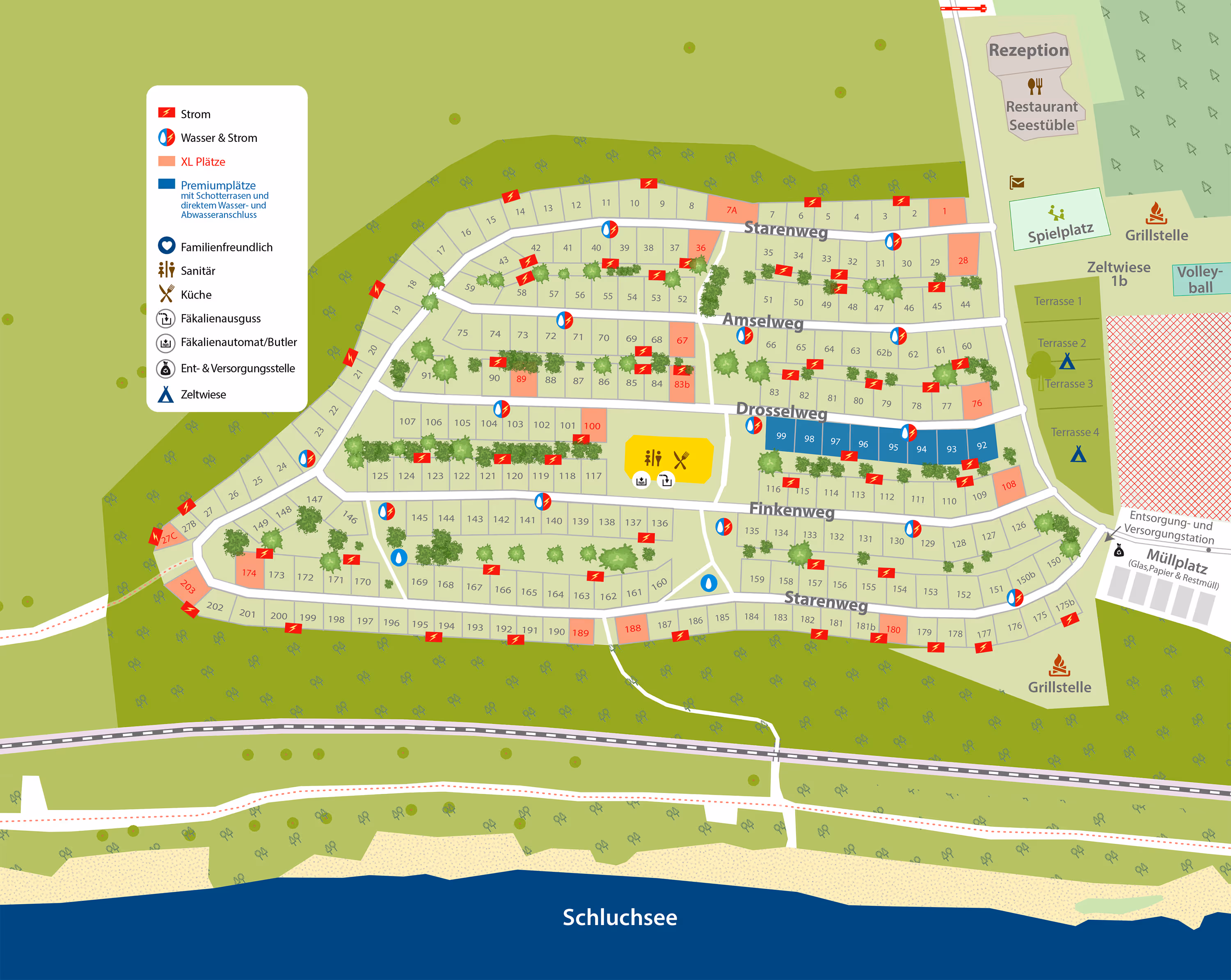 Übersichtsplan des Campingplatzes Schluchsee mit markierten Bereichen für Zelte, Wohnmobile, Sanitäranlagen und Freizeitangebote.