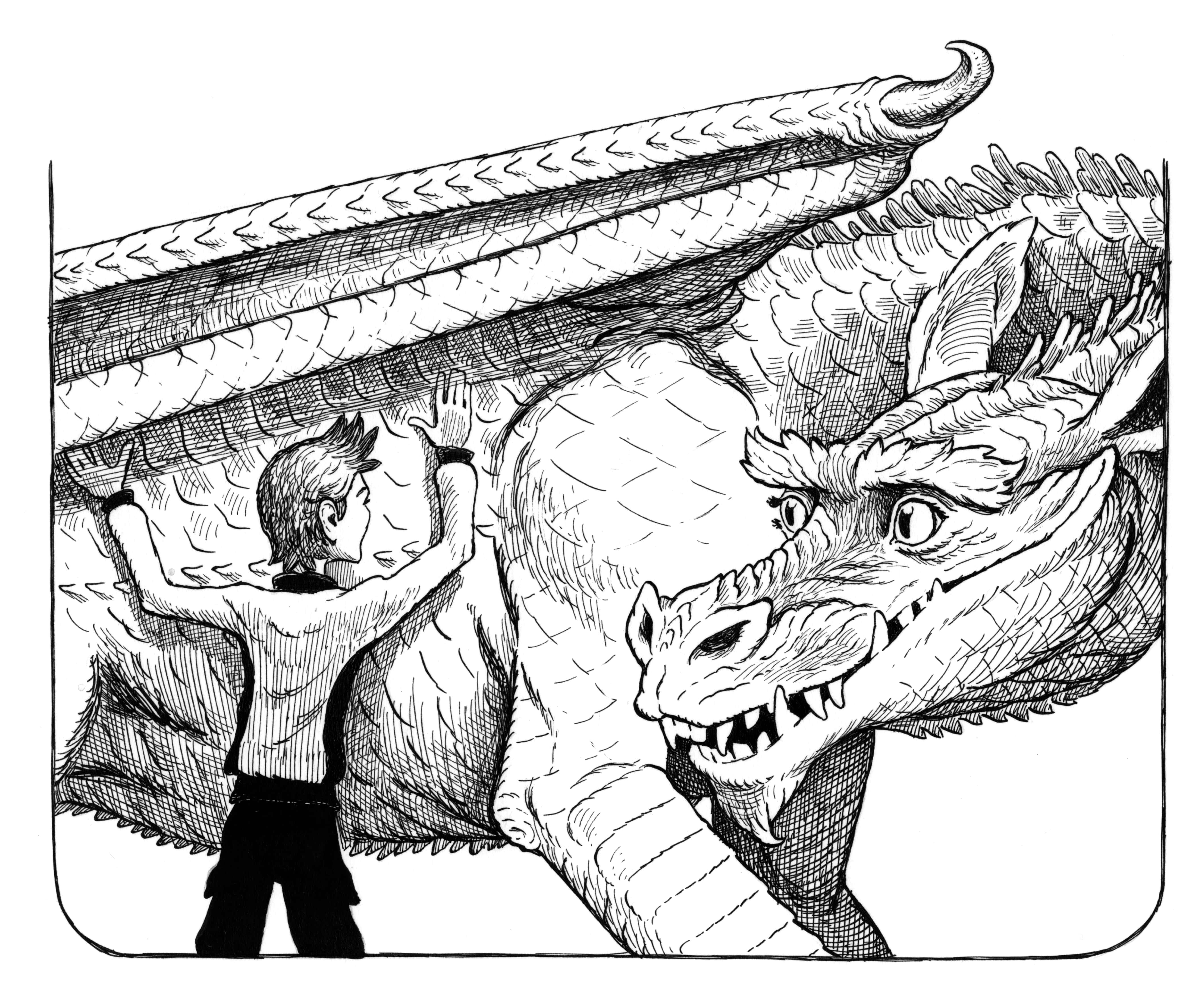 Cartoon drawing of Runt Higgins petting a large dragon.