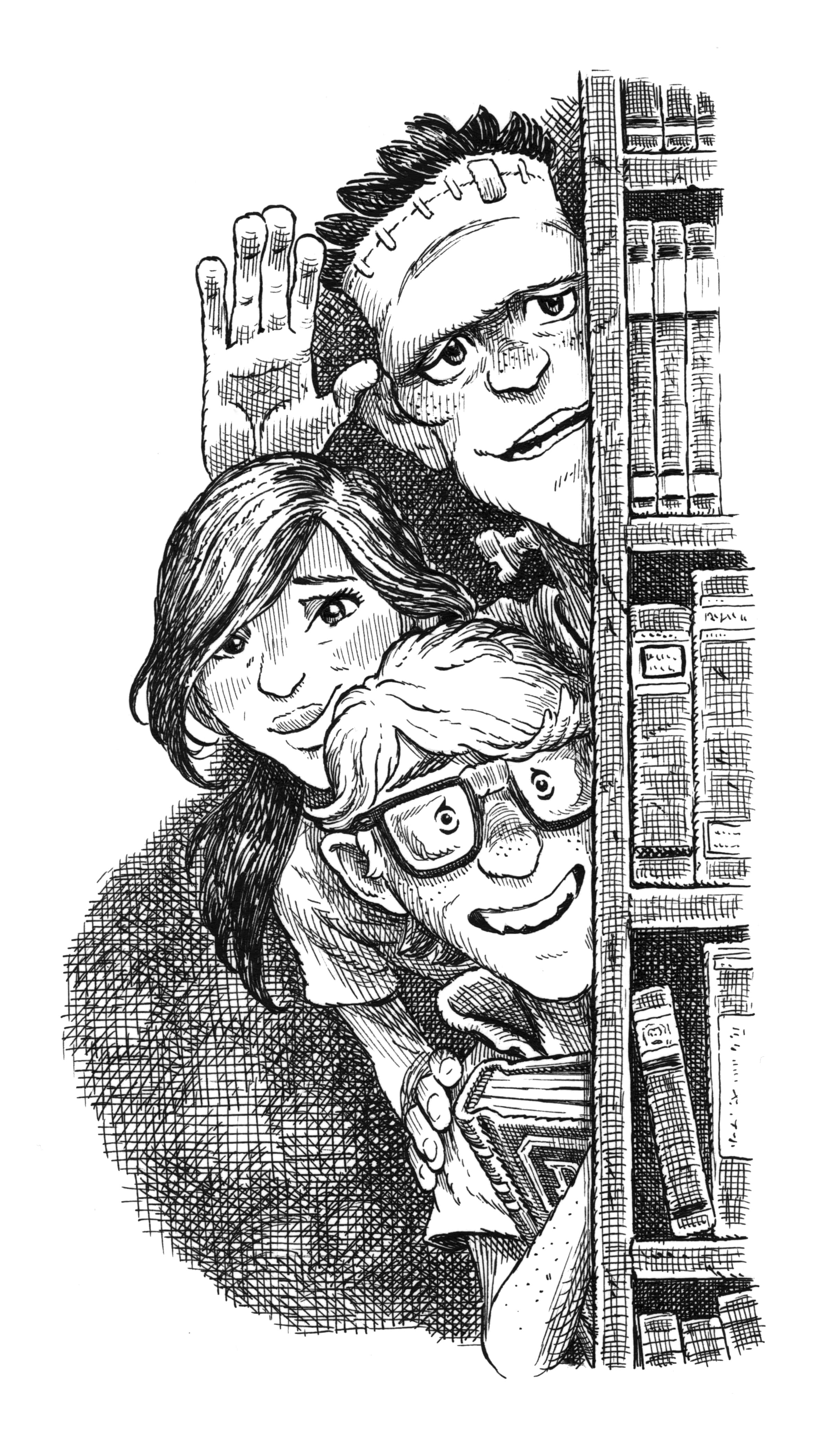 Cartoon drawing of three kids peeking out from behind a bookcase. One of the kids looks like Frankenstein Jr. 