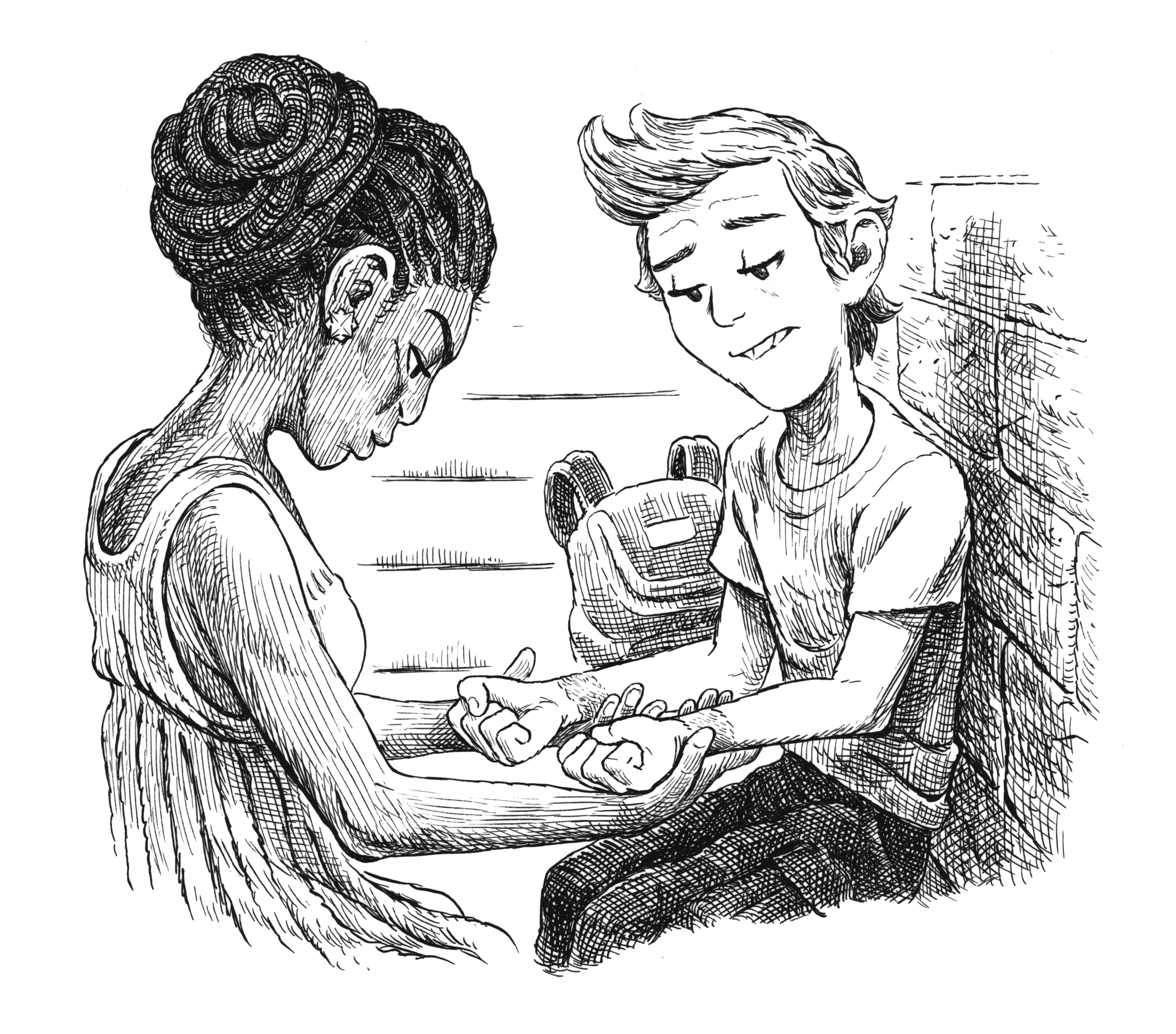 Cartoon Drawing of a woman facing a sitting Runt Higgins while holding his wrists. 