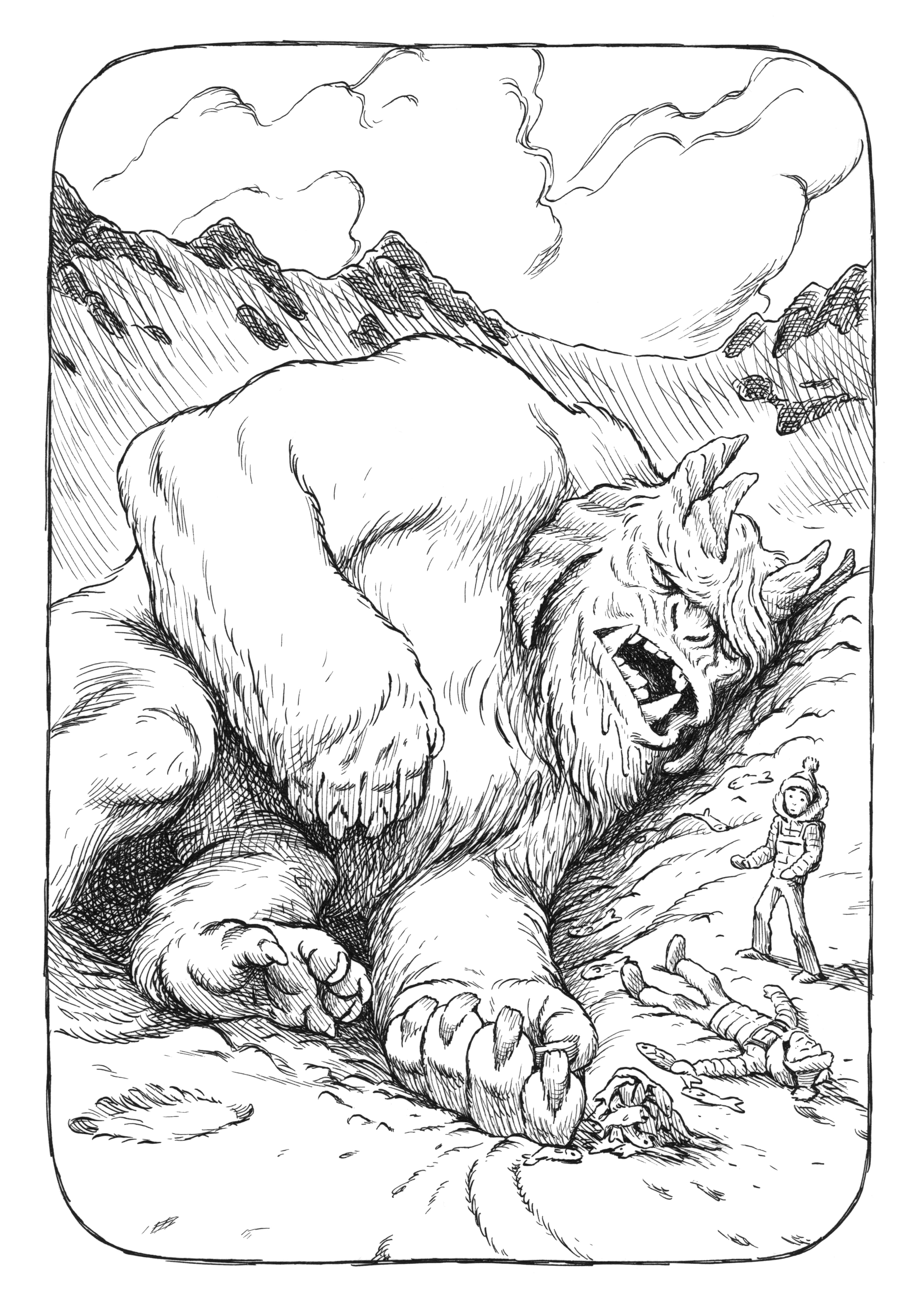 Cartoon drawing of Runt Higgins in a snowsuit, standing next to a giant sleeping monster and his sleeping friend. 