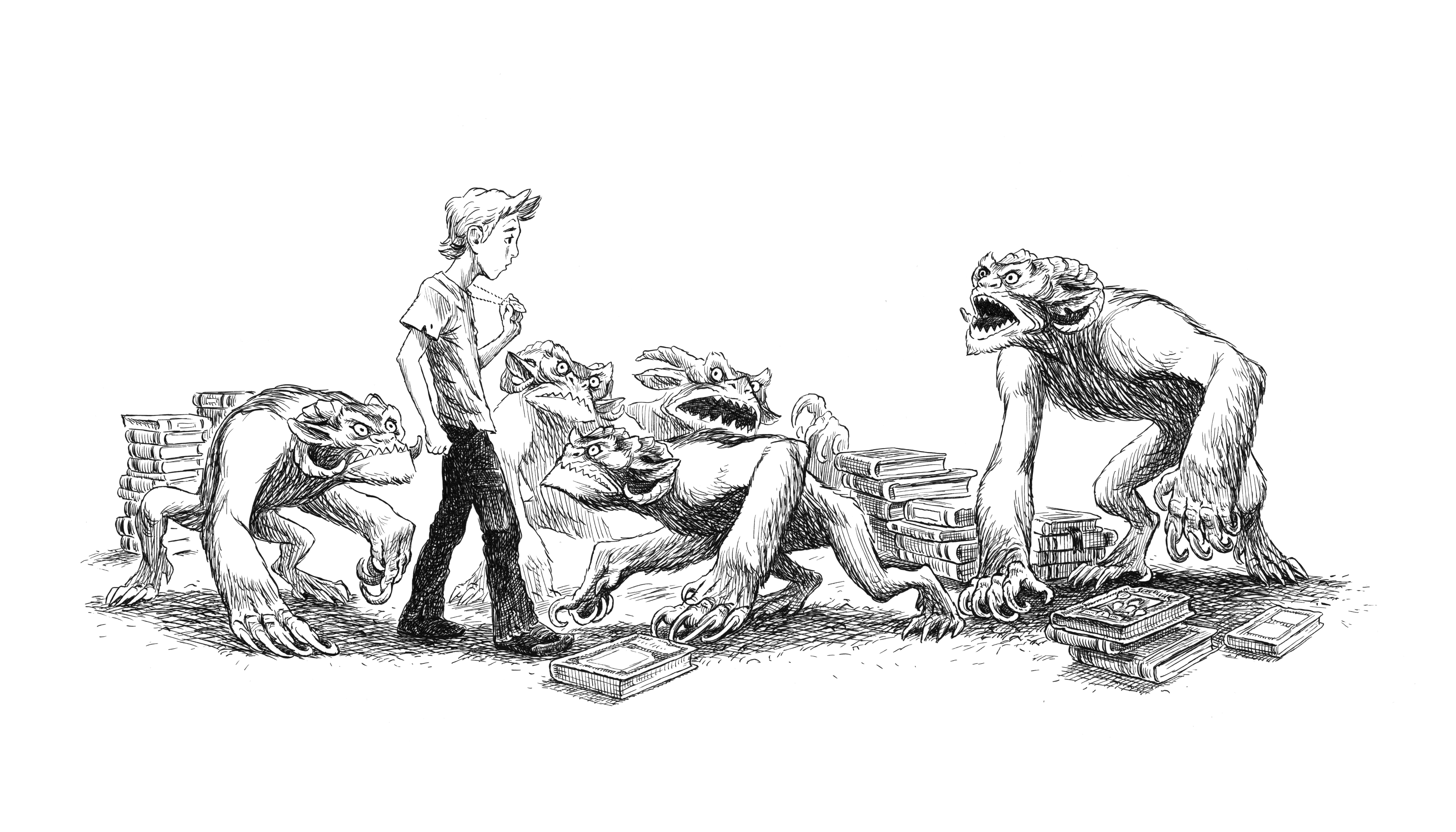 Cartoon drawing of Runt Higgins in a library, holding out his necklace to show an angry group of monsters.