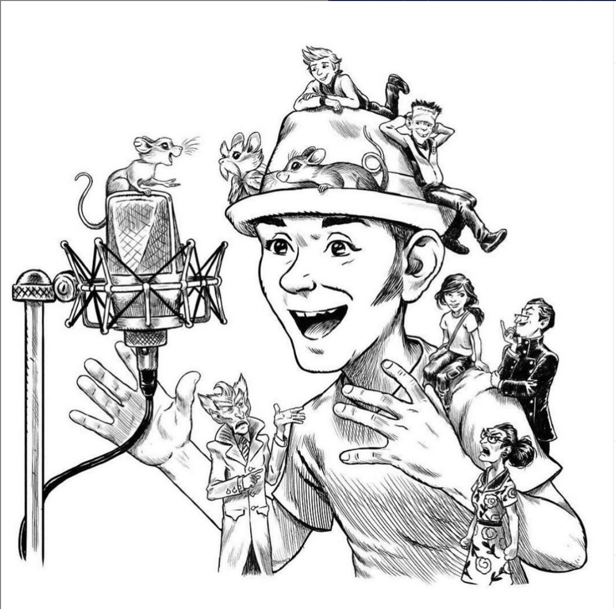 Cartoon drawing of Nate Begle speaking into a microphone, covered with tiny characters from the books he's narrated. 