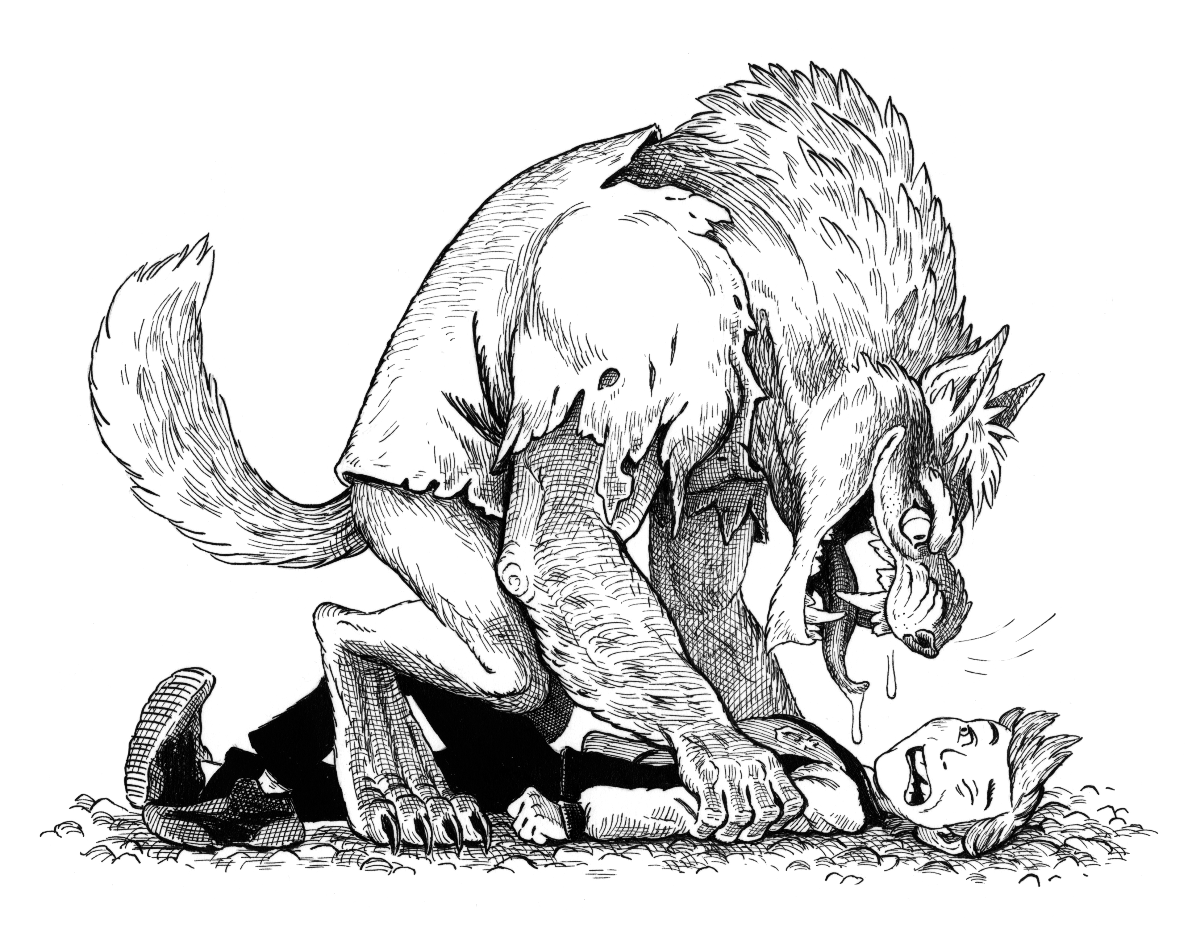 Cartoon drawing of Runt Higgins being pinned by a large werewolf who is drooling on him. 