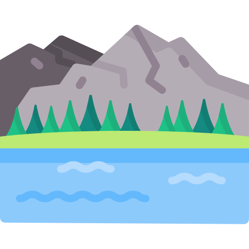 Cartoon image of a lake and mountains