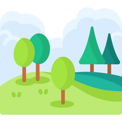 Cartoon image of a lake and mountains