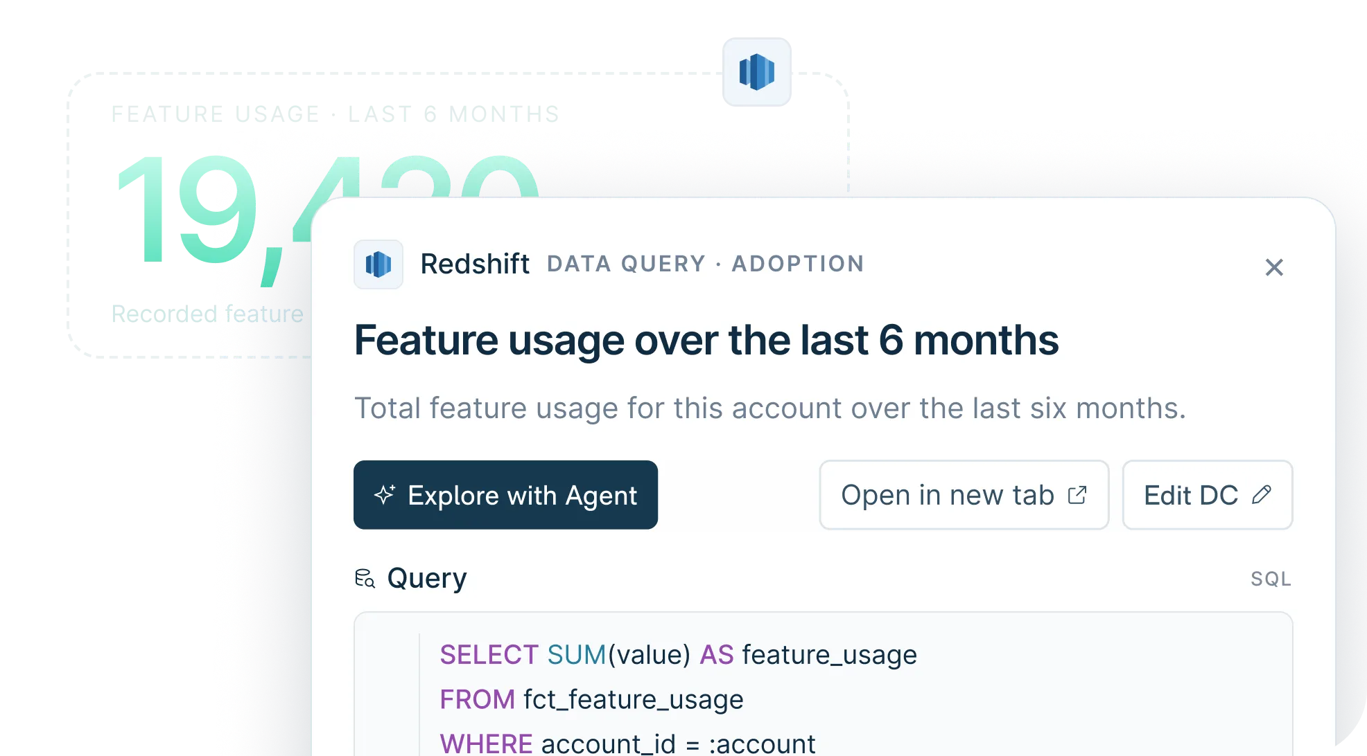 Feature usage grounded in a Redshift data query