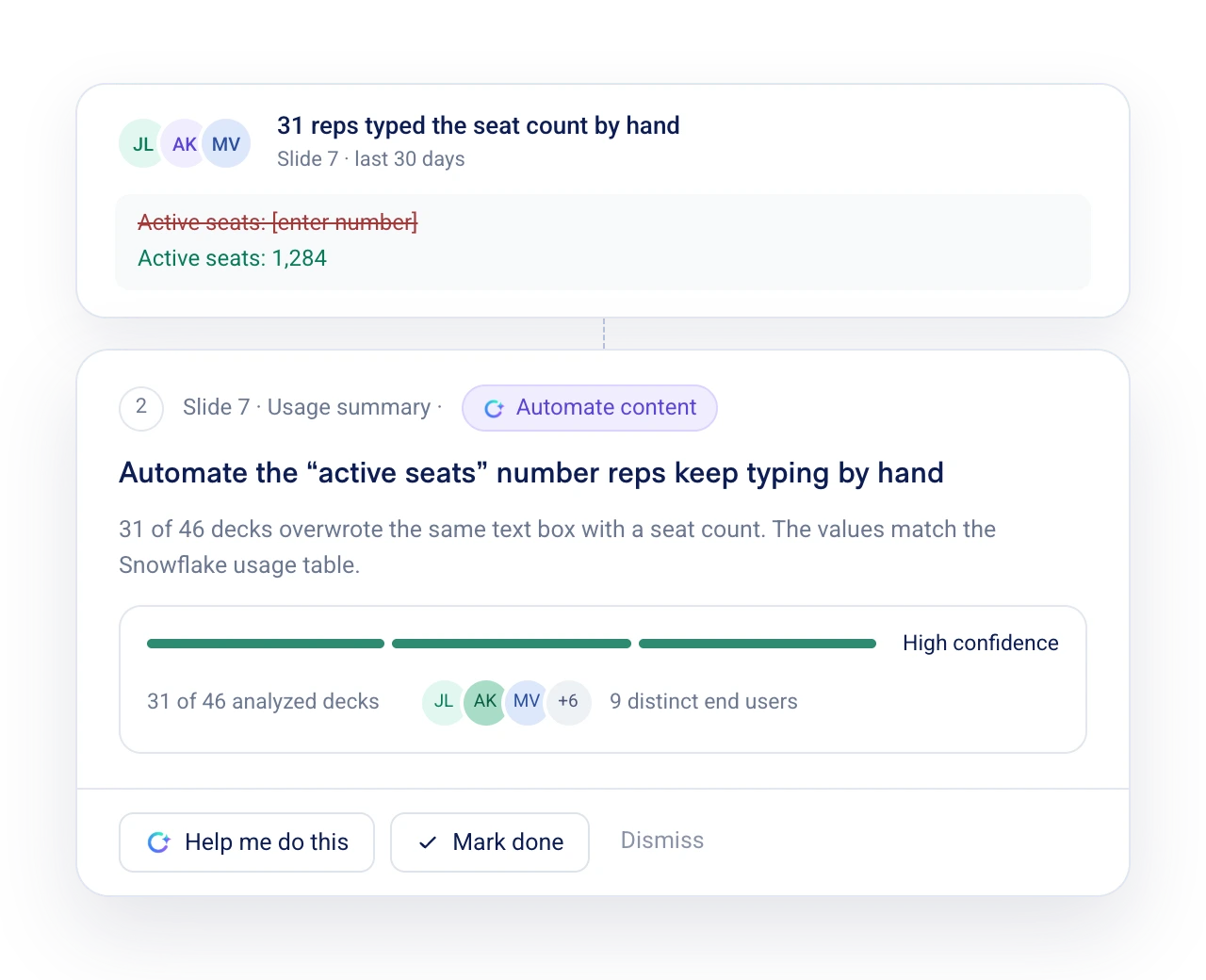 Matik recommends automating a seat count that reps repeatedly enter by hand.