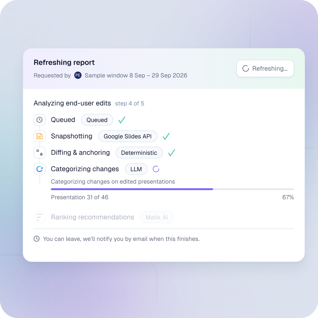Matik analyzes edits to generated presentations and ranks recommendations.