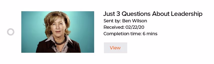 Woman with short hair wearing a dark blazer and patterned blouse against a teal background, next to text about leadership questions.