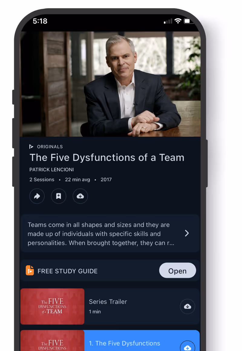 Smartphone screen showing a course titled The Five Dysfunctions of a Team by Patrick Lencioni with 2 sessions and 22-minute average length.