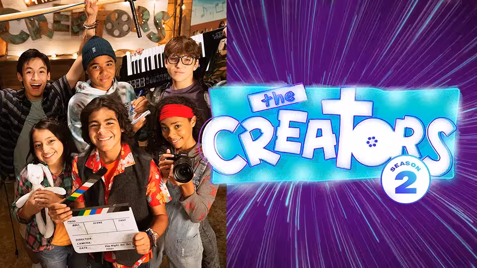 Five smiling teenagers holding film and photography equipment in a studio with The Creators Season 2 logo beside them.