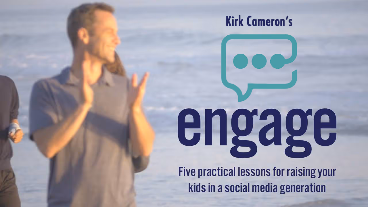 Smiling man clapping hands on a beach with text promoting Kirk Cameron's Engage: five practical lessons for raising kids in a social media generation.