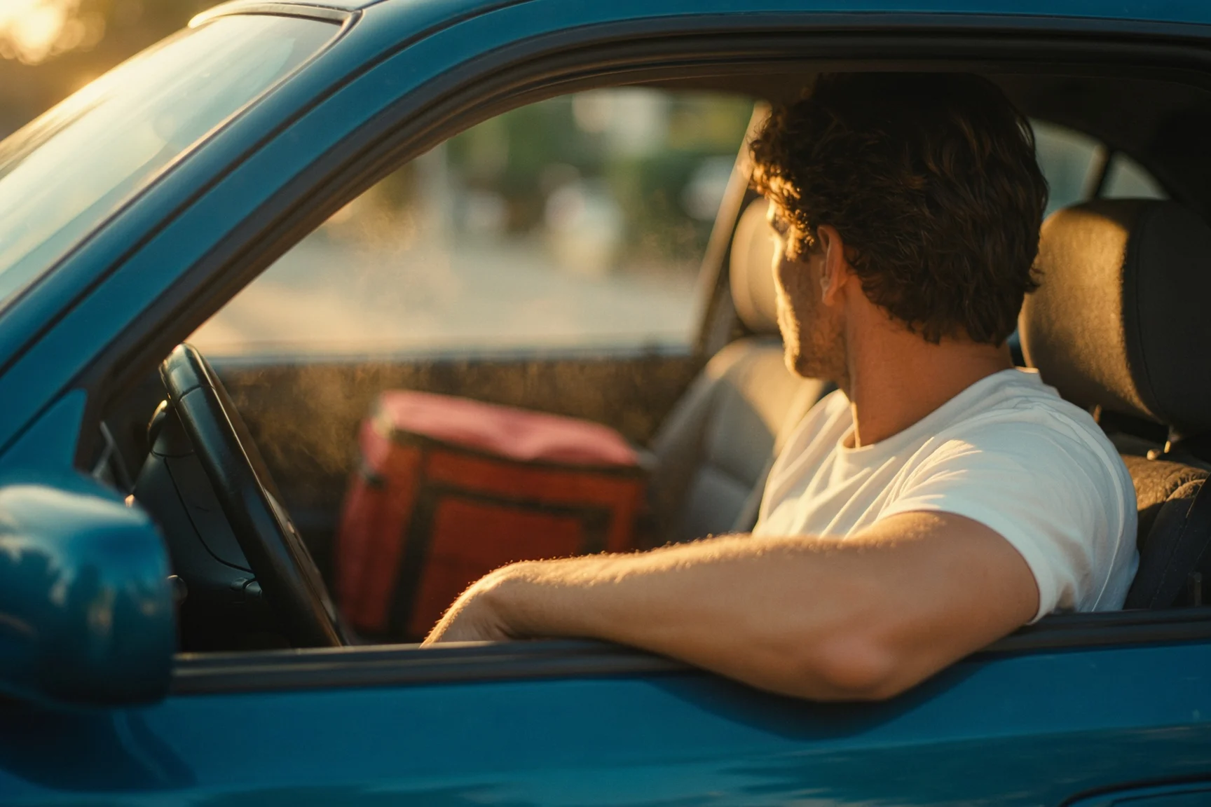 A driver resting his arm on the window of a teal car, a red delivery bag on the passenger seat