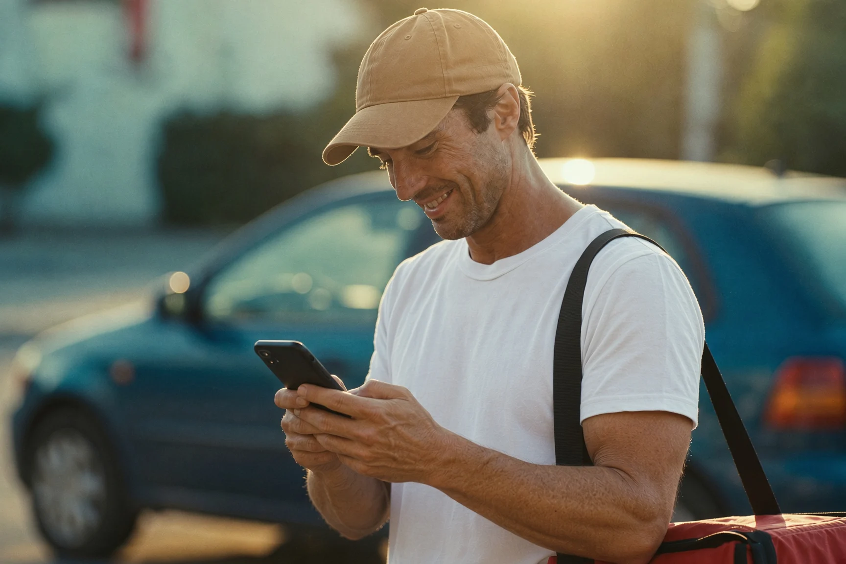 A courier in a tan cap and white t-shirt smiling at his phone beside a teal car, a red delivery bag on his shoulder