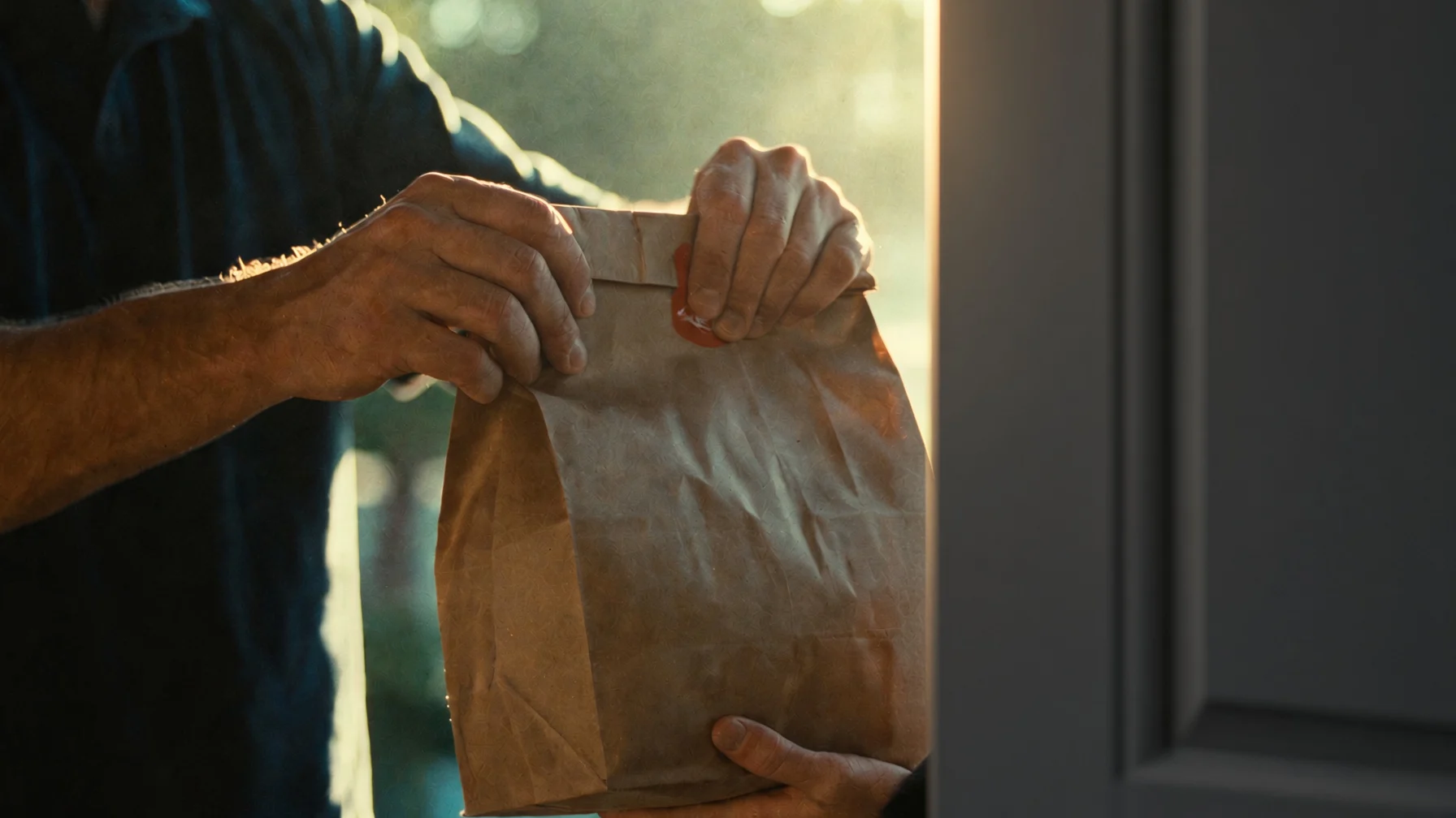A courier handing a paper takeout bag to a customer at a charcoal front door in late sun