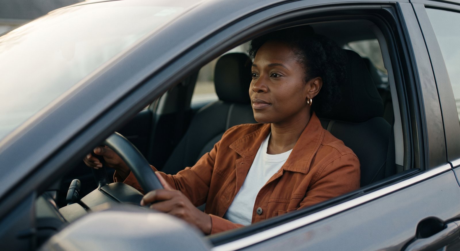 A driver in a rust jacket at the wheel, seen through her open car window