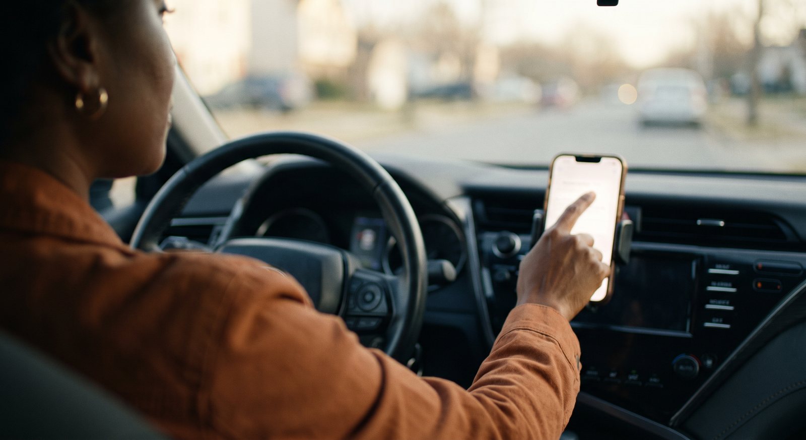 The driver tapping the phone in her dash mount