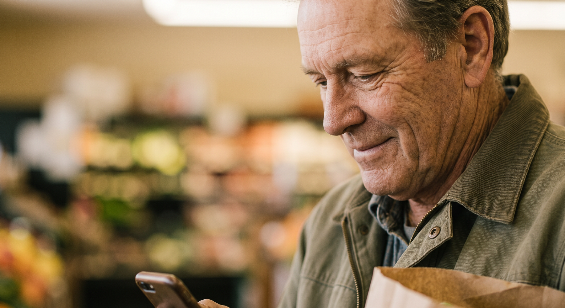 A shopper in a tan cap and cream sweater smiling at her phone outside a grocery store, a paper bag on her arm