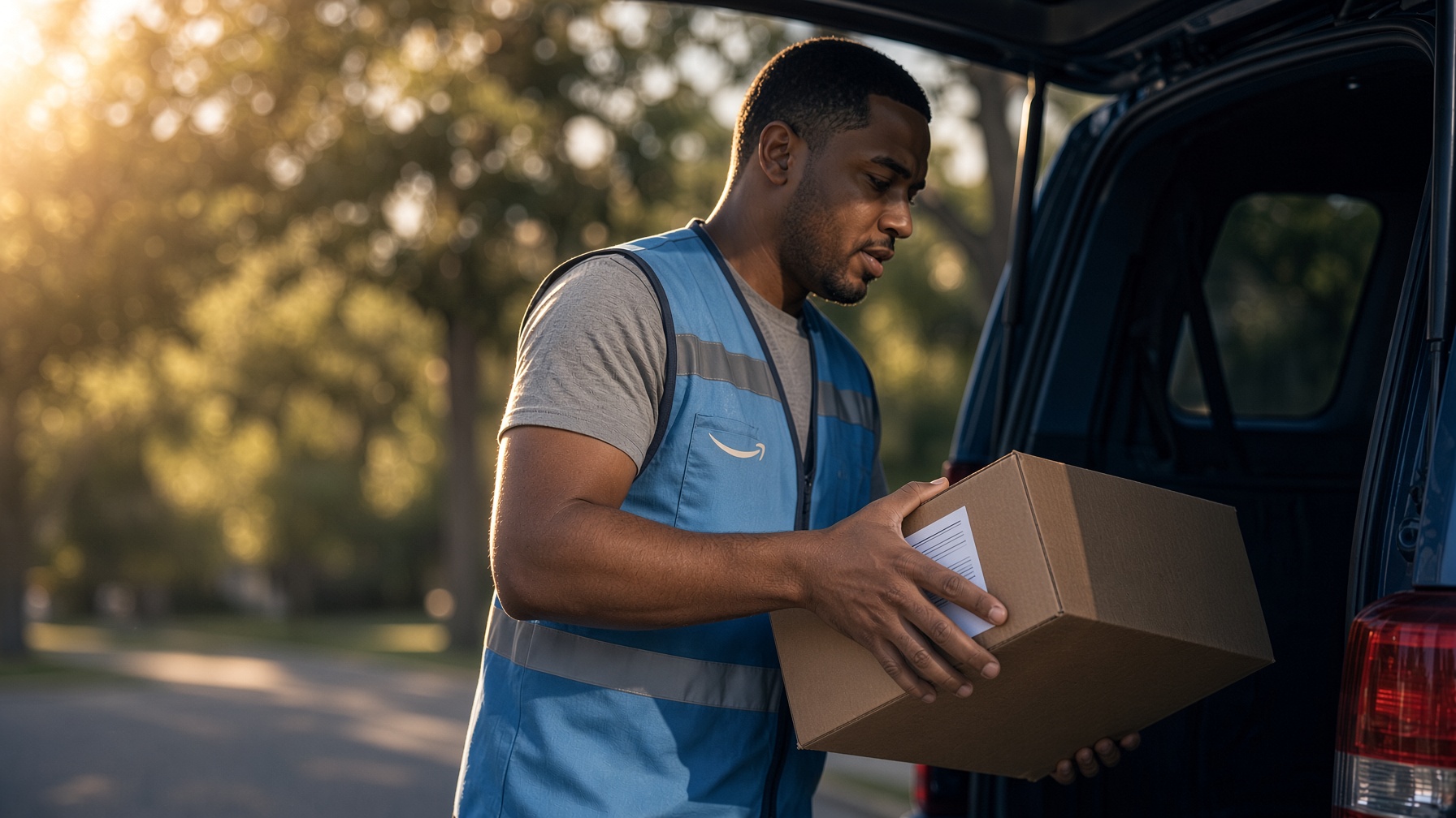 Amazon Flex driver lifting a package out of his SUV on a sunlit residential street