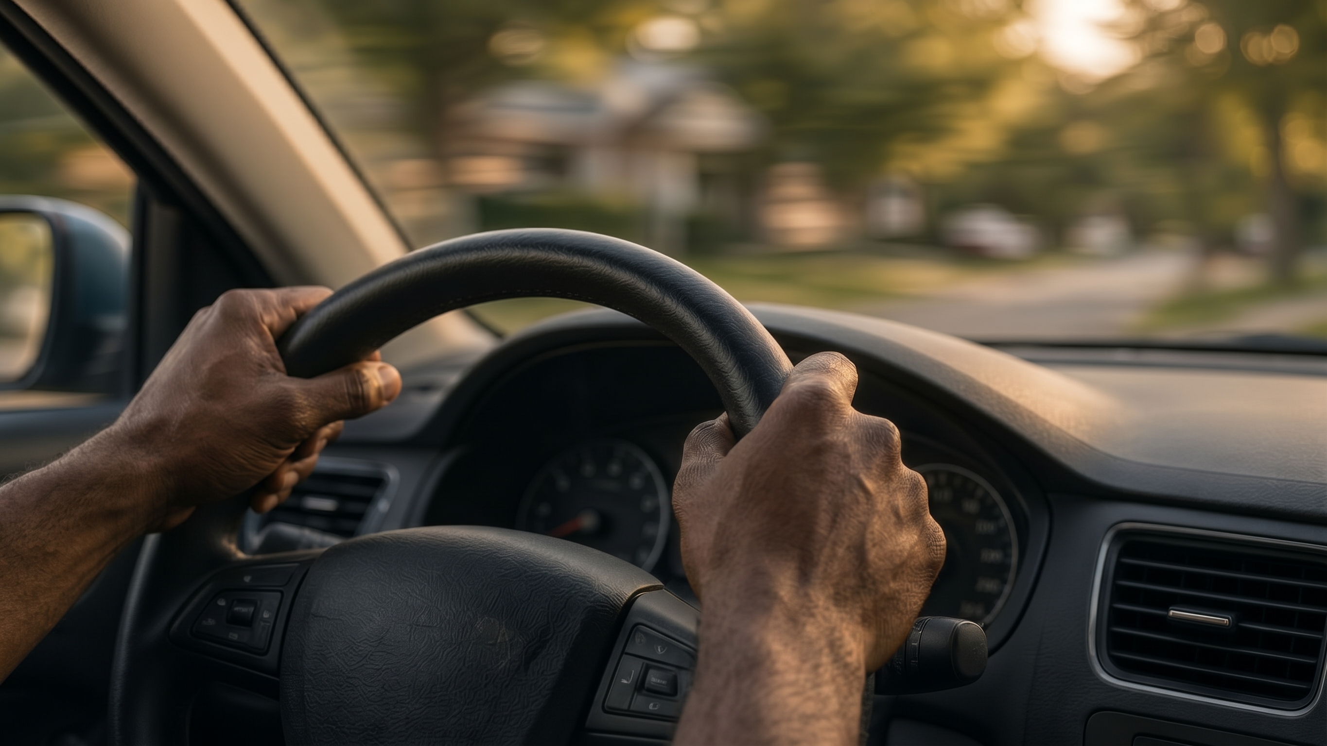 Amazon Flex driver's hands on the steering wheel, driving down a sunlit residential street