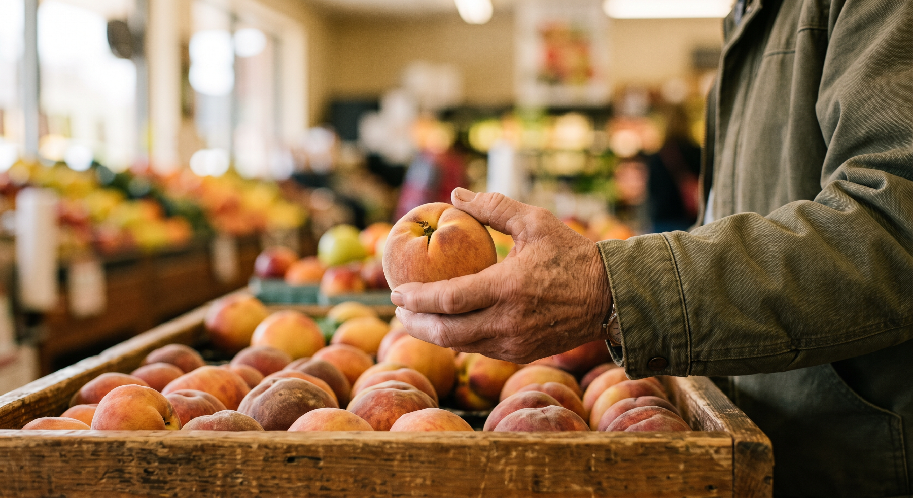 A shopper in an olive jacket holding a ripe peach over a wooden crate in a grocery store