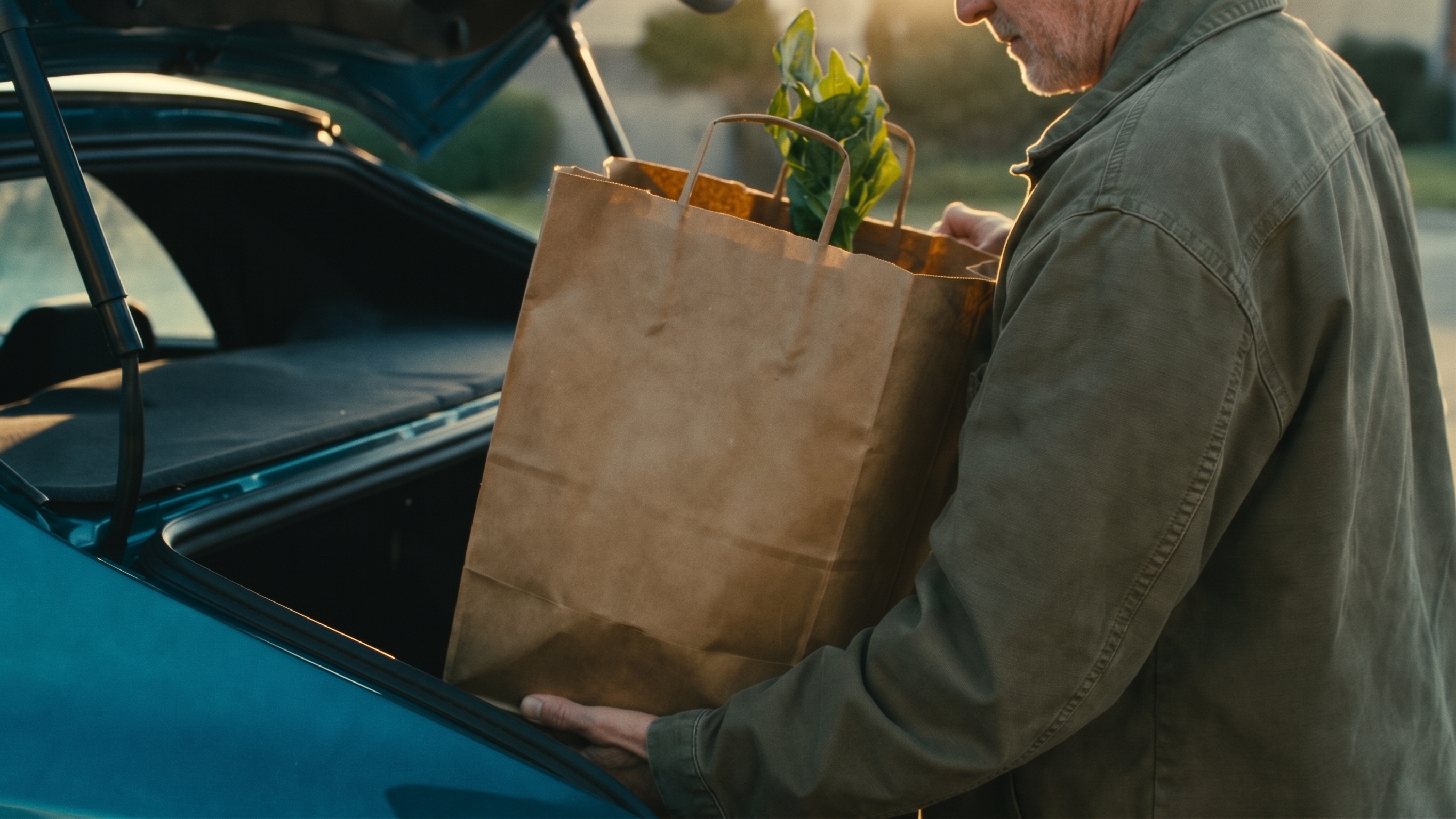 A shopper in an olive jacket loading a paper grocery bag into the trunk of a teal car