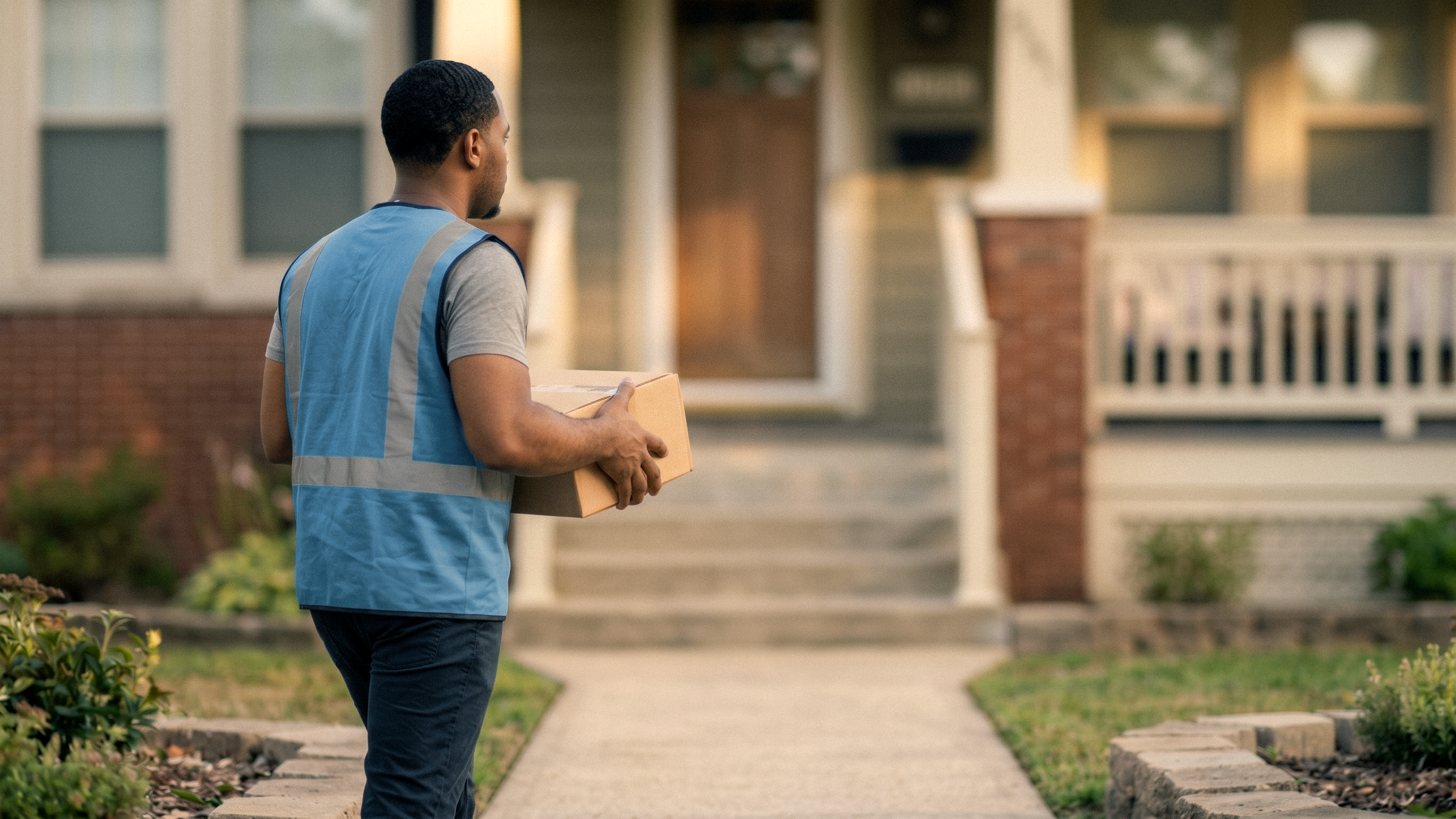 Amazon Flex driver in a safety vest carrying a package up the front path to a house