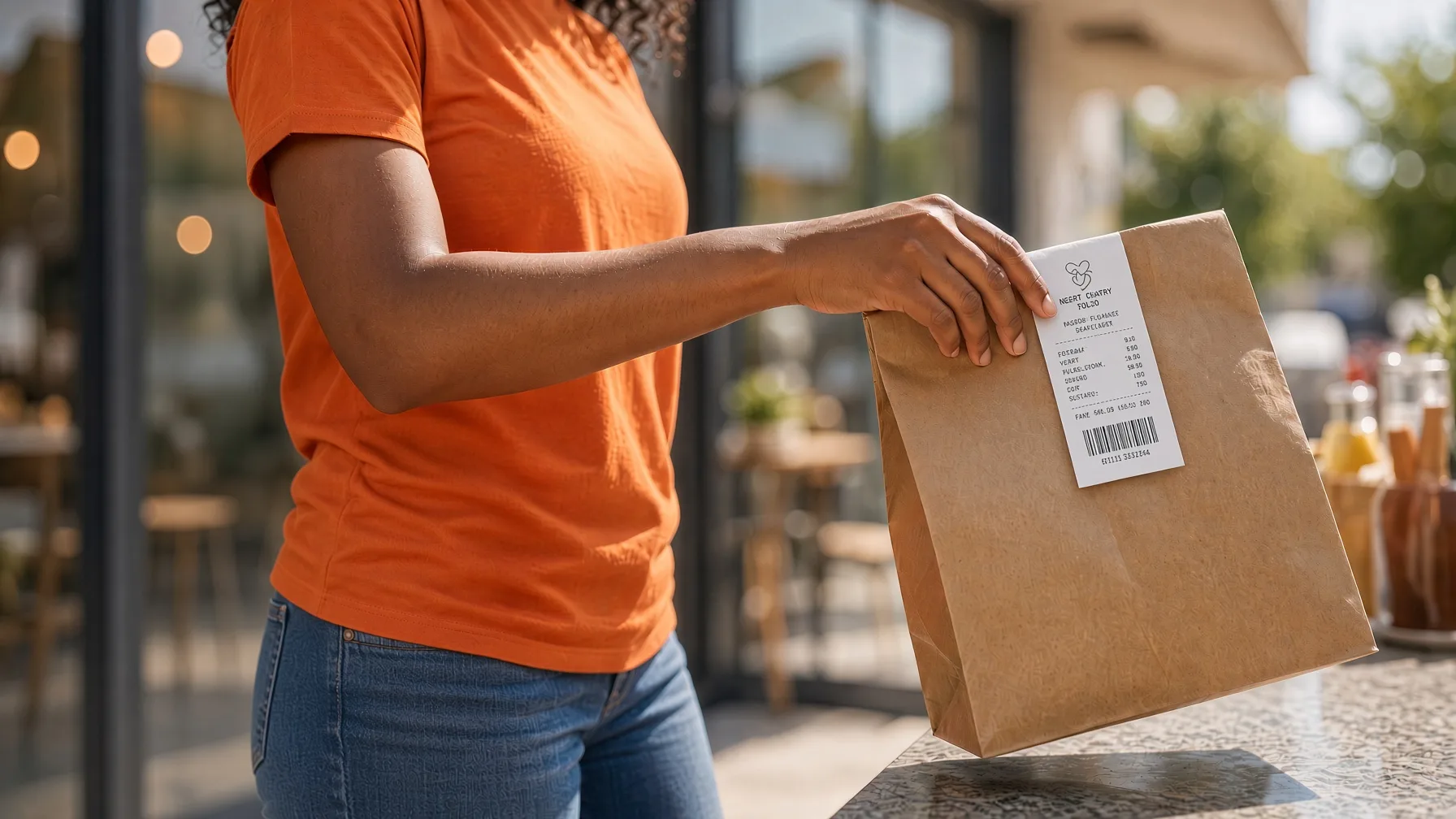 A courier in an orange t-shirt setting a paper takeout bag on a restaurant counter