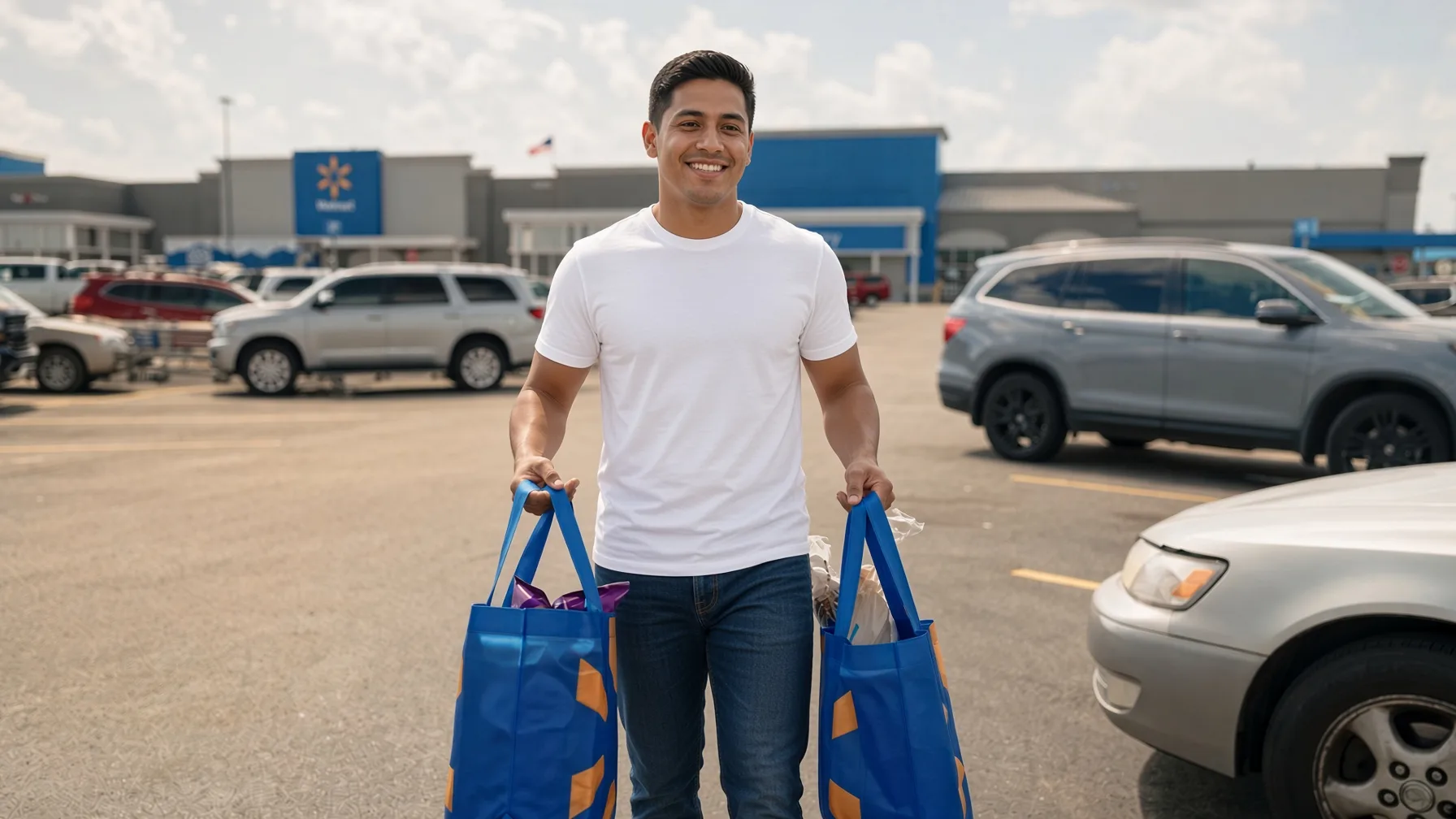 A Spark Driver carrying two blue grocery bags across a Walmart parking lot