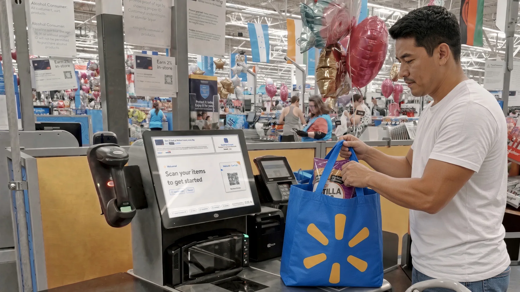 A Spark Driver bagging groceries in a Walmart tote at a self-checkout
