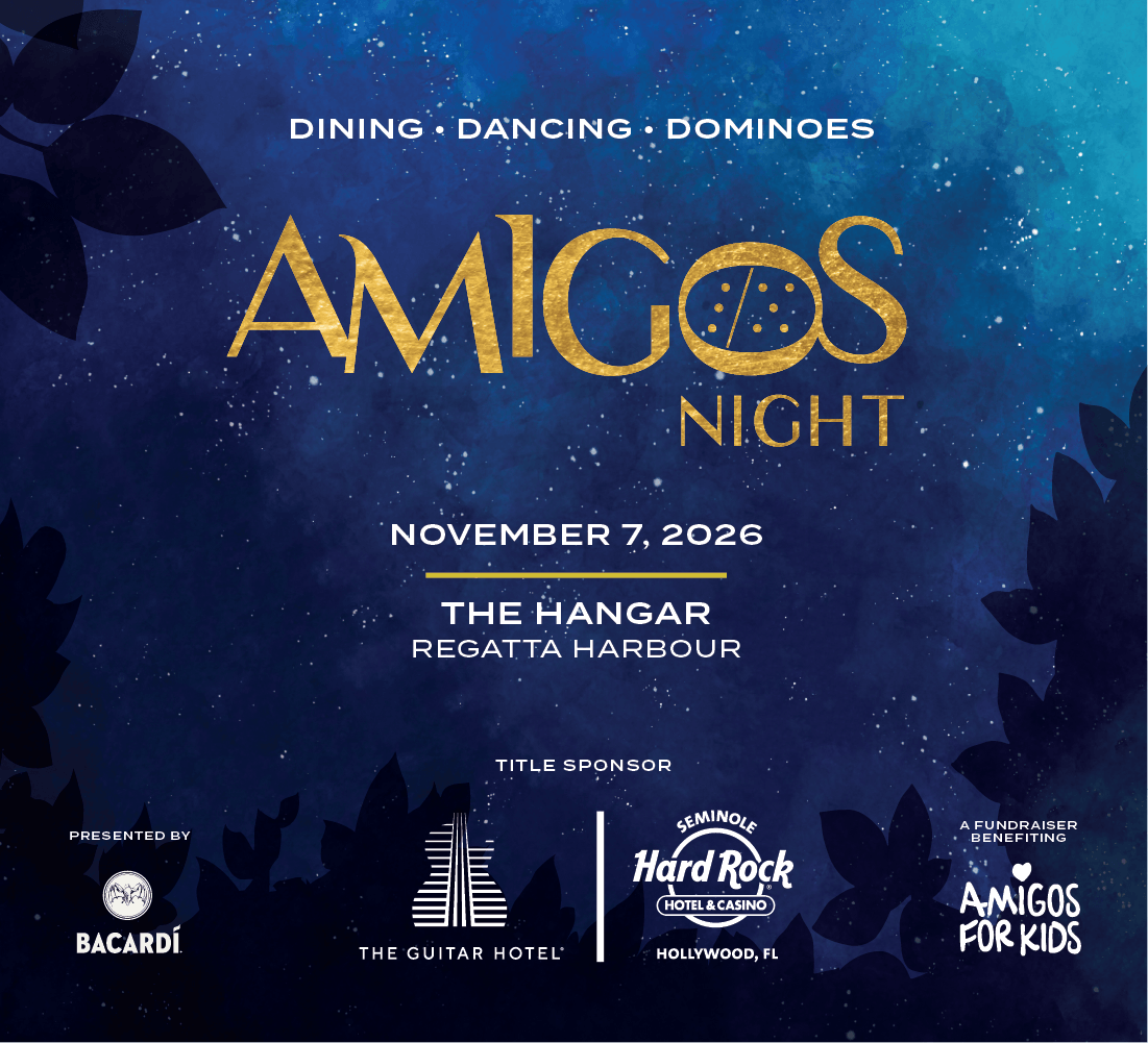 Promotional billboard for Amigos Night Gala. The graphic features a starry night sky background with silhouettes of tropical leaves. Text reads: "Amigos Night, November 07, 2026, The Hangar at Regatta Harbor." Logos at the bottom include Bacardí, The Guitar Hotel, Seminole Hard Rock Hotel & Casino Hollywood, and Amigos For Kids.