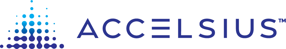 Accelsius logo with a dark blue to light blue gradient halftone symbol in a pyramid shape with the Accelsius name to the right of it.