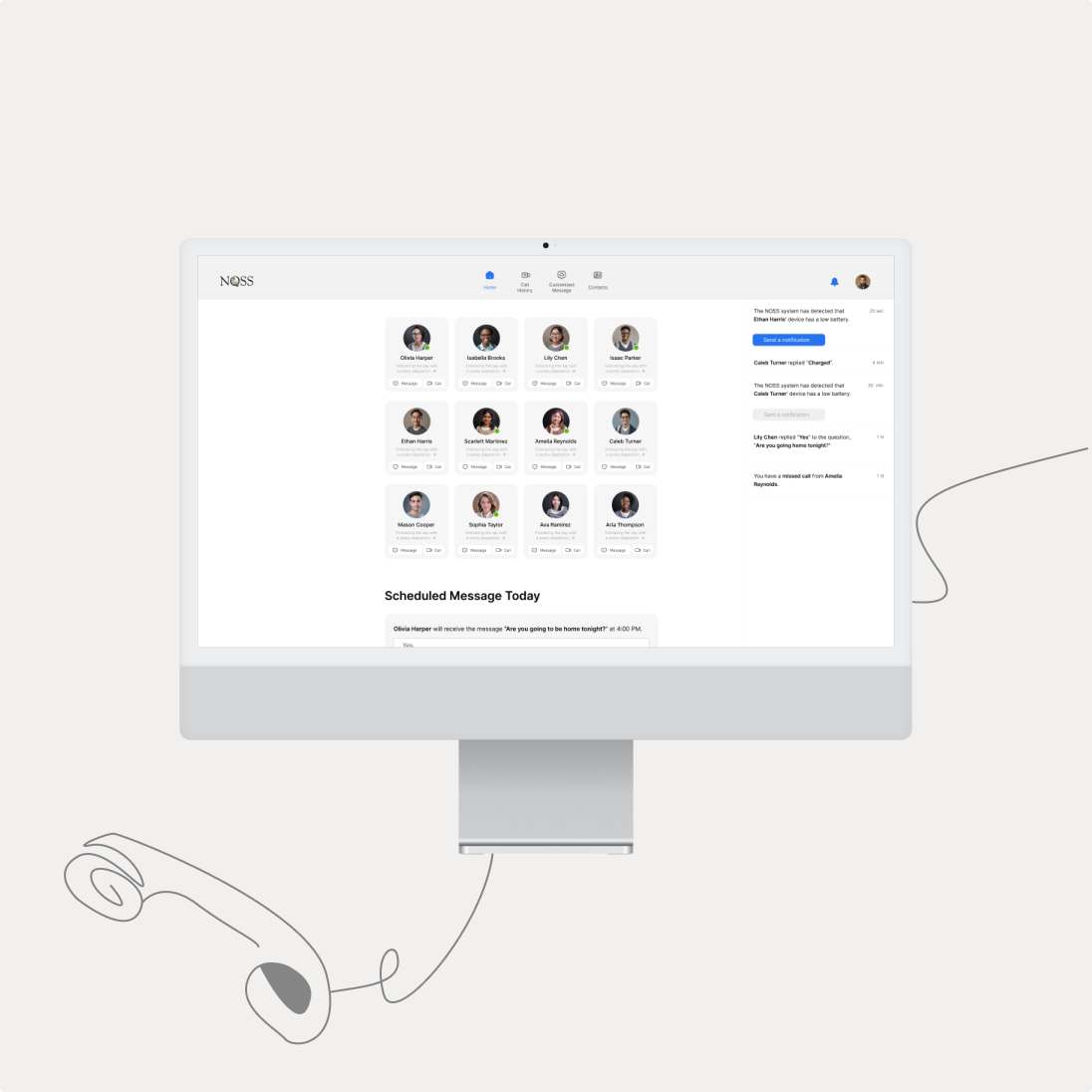 A desktop design screen showing the main interface of the remote care system for NOSS staff to support individuals with IDD.