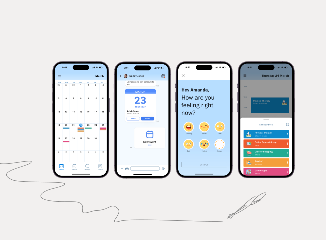 Four pictures of a planning and scheduling app showing how people can mark events in the calendar, get scheduling support from caregivers, do a quick mood check-in, and easily create a schedule.