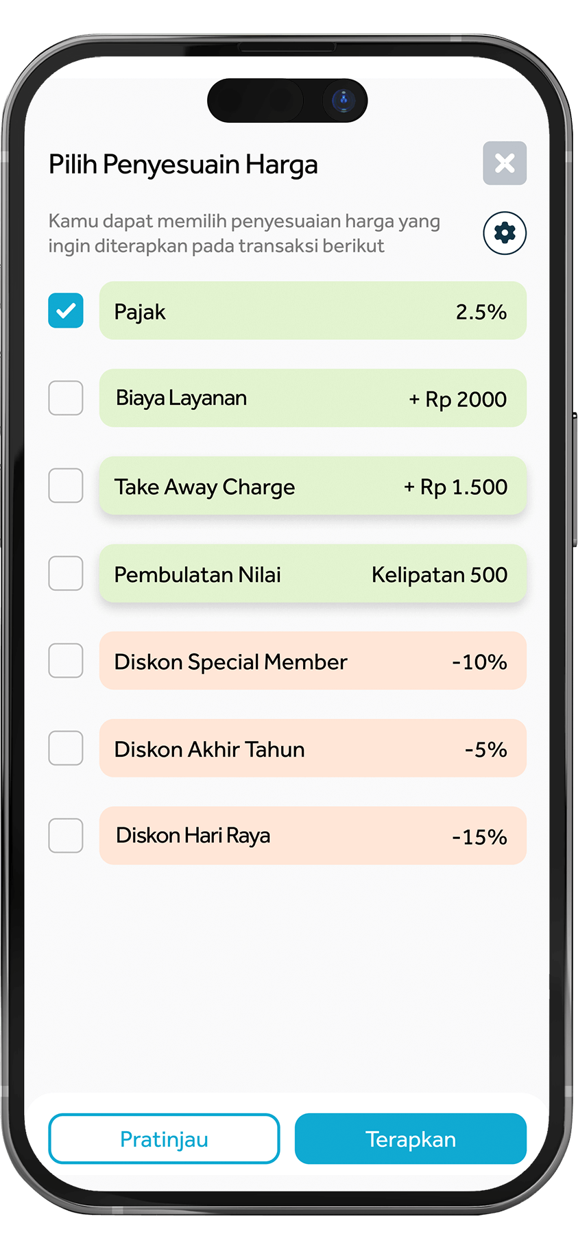 Tampilan Fitur Pilih Penyesuaian Harga
