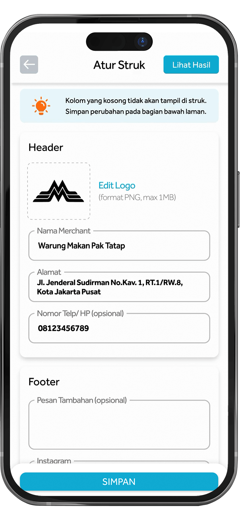 Tampilan Fitur Atur Struk Mobile