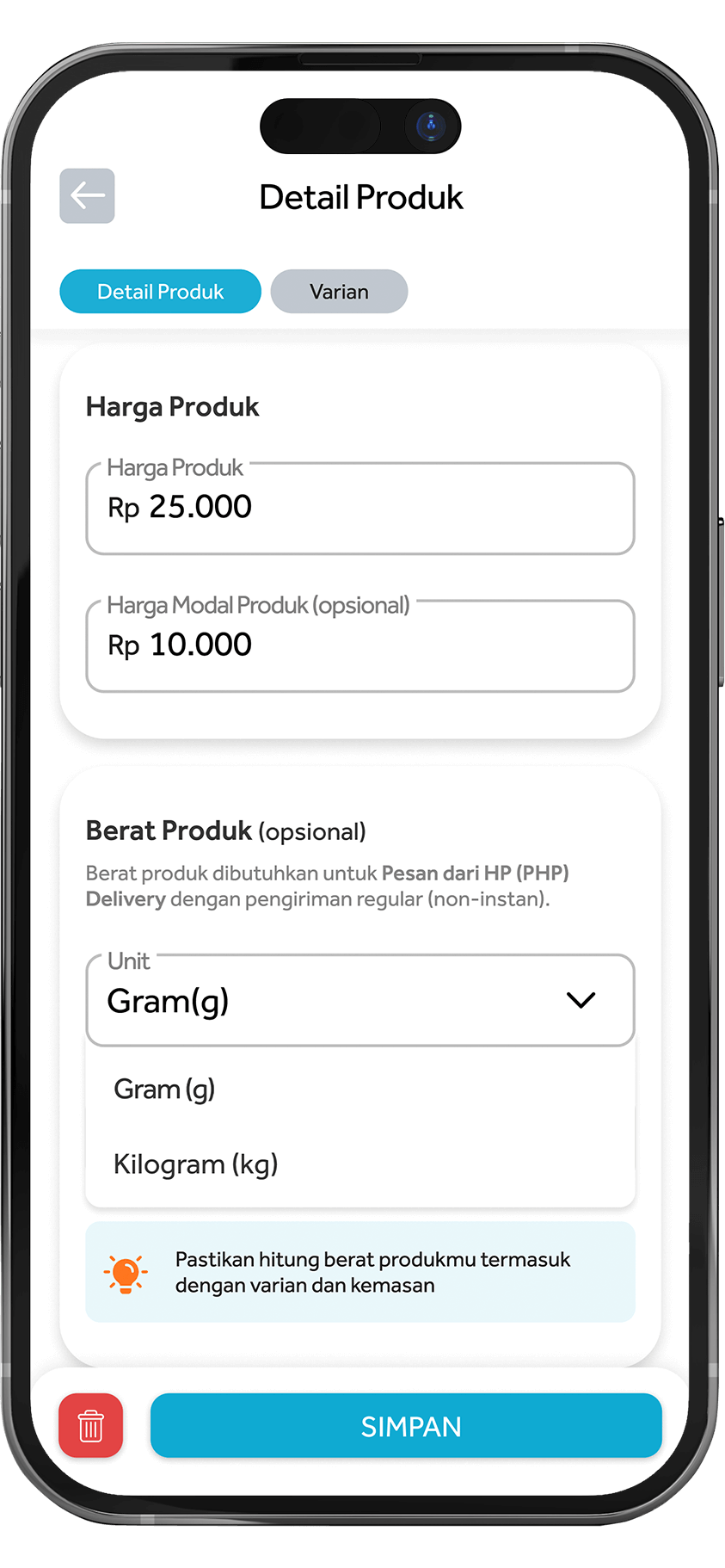 Tampilan Fitur Detauk Produk Mobile