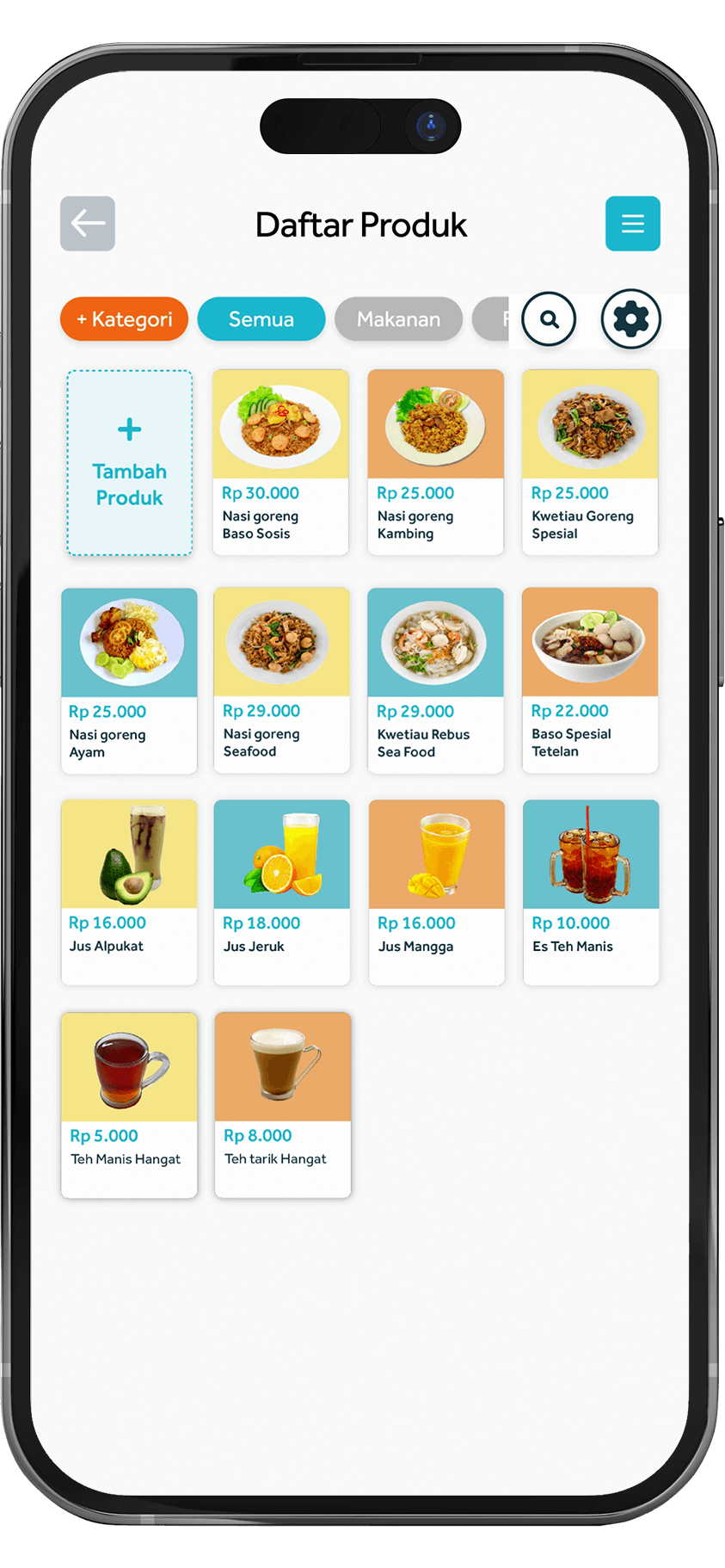 Tampilan Daftar dan Management Produk Mobile