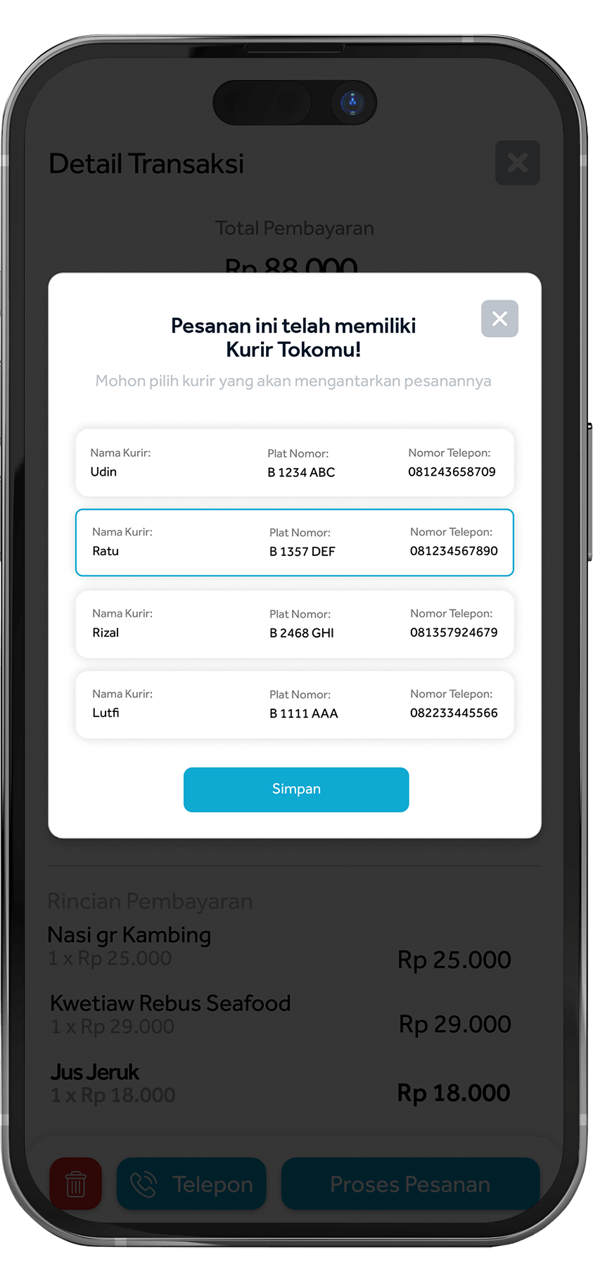 Tampilan Fitur Delivery Service Online Order