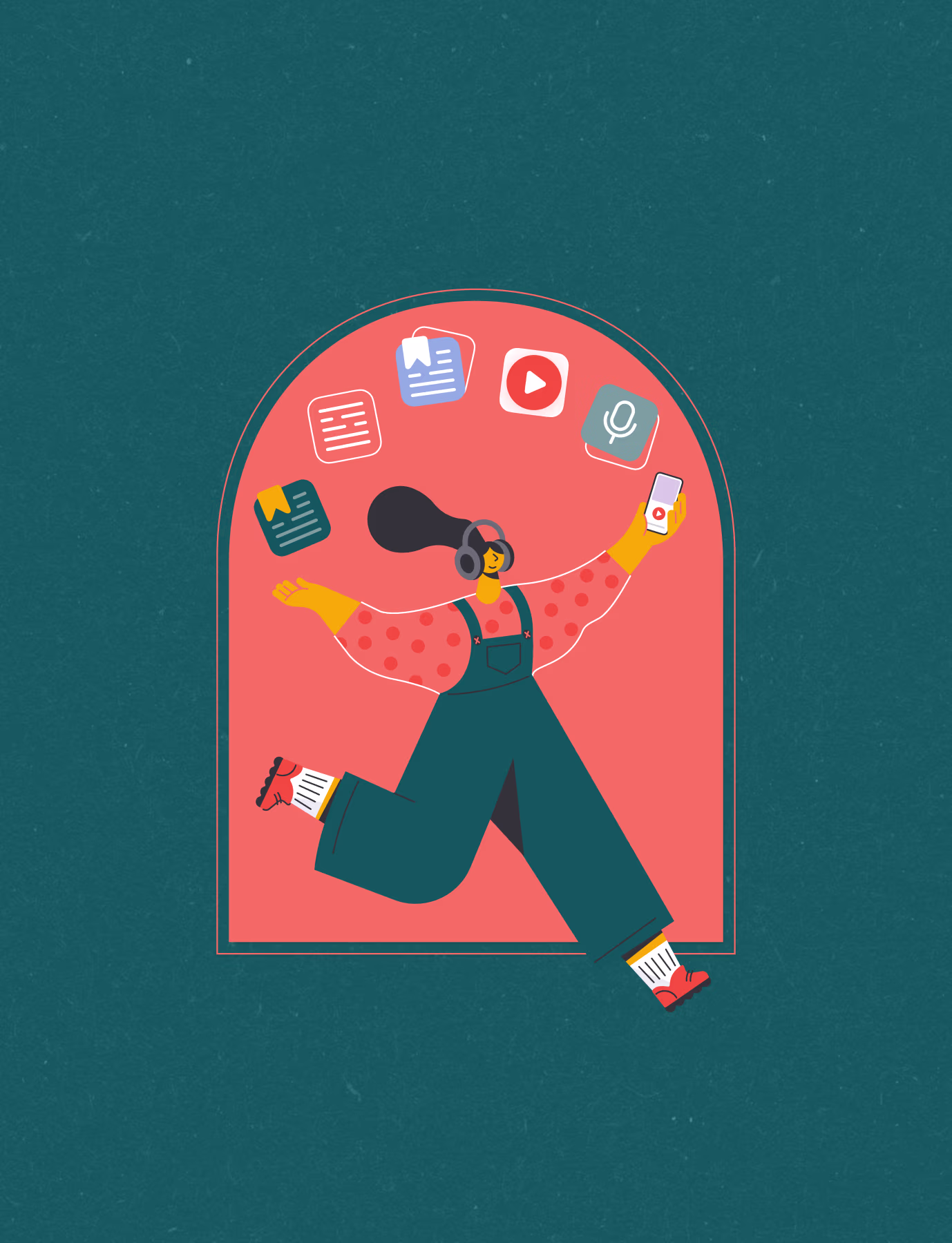 Illustration of a girl holding a phone, with icons above her representing all Abuk app features.