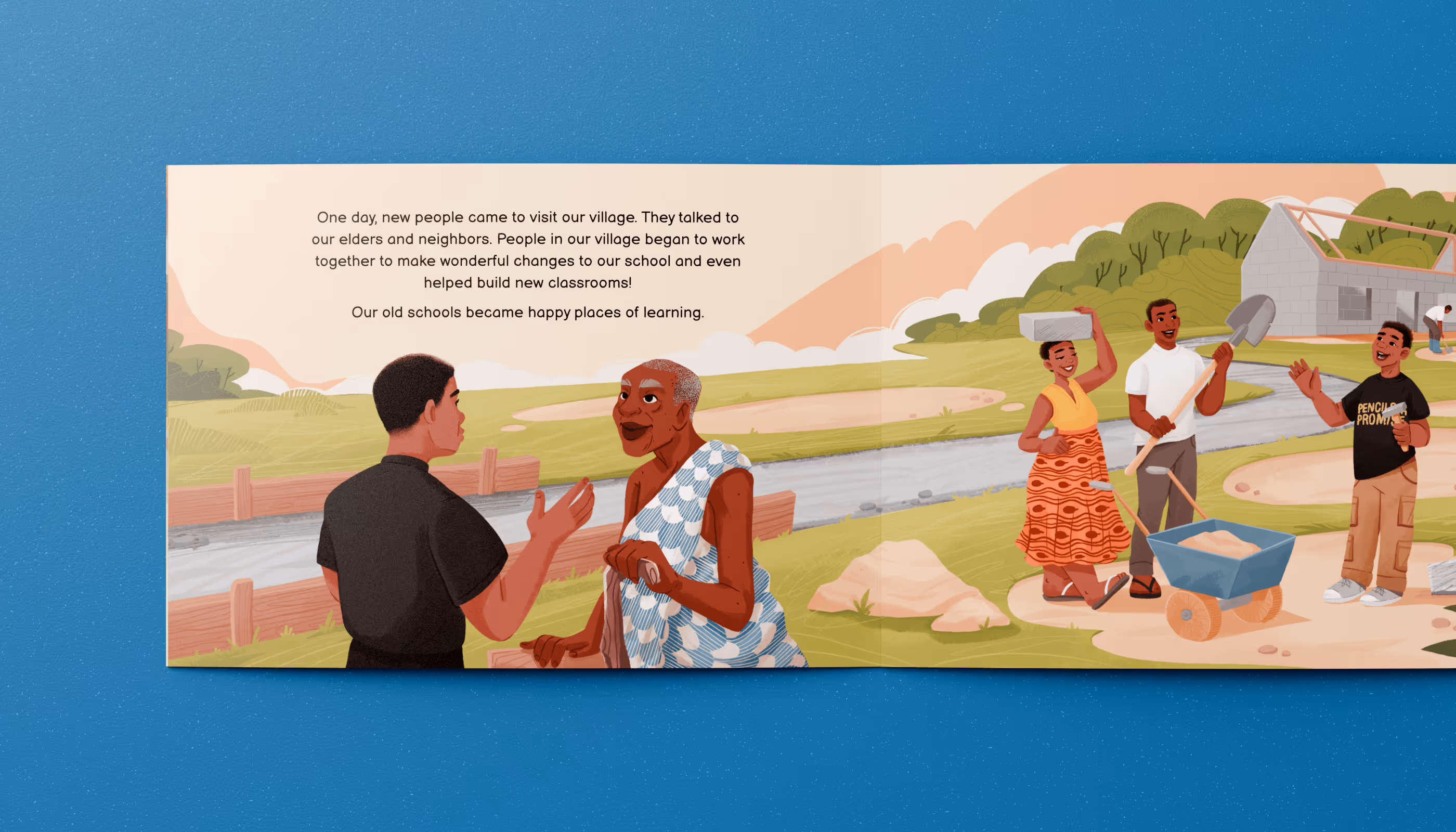 Book spread of villagers in Ghana building a school